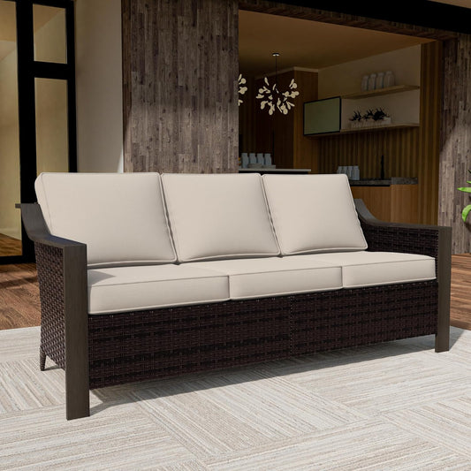 74 Inch Patio 3-Seater Sofa,PE Wicker Outdoor Lounge with Thick Removable Water-Resistant Cushions, Rust-Proof Steel Frame, 900LBS Capacity, Beige