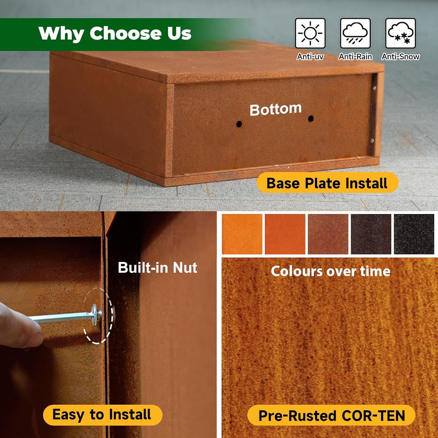 Galvanized Steel Metallic Heavy Planter for Outdoor Plants Metal Outdoor Planter Spliced Flower Box with Partitions for Outside,Indoor,Garden (Corten, 32 * 15 * 24)