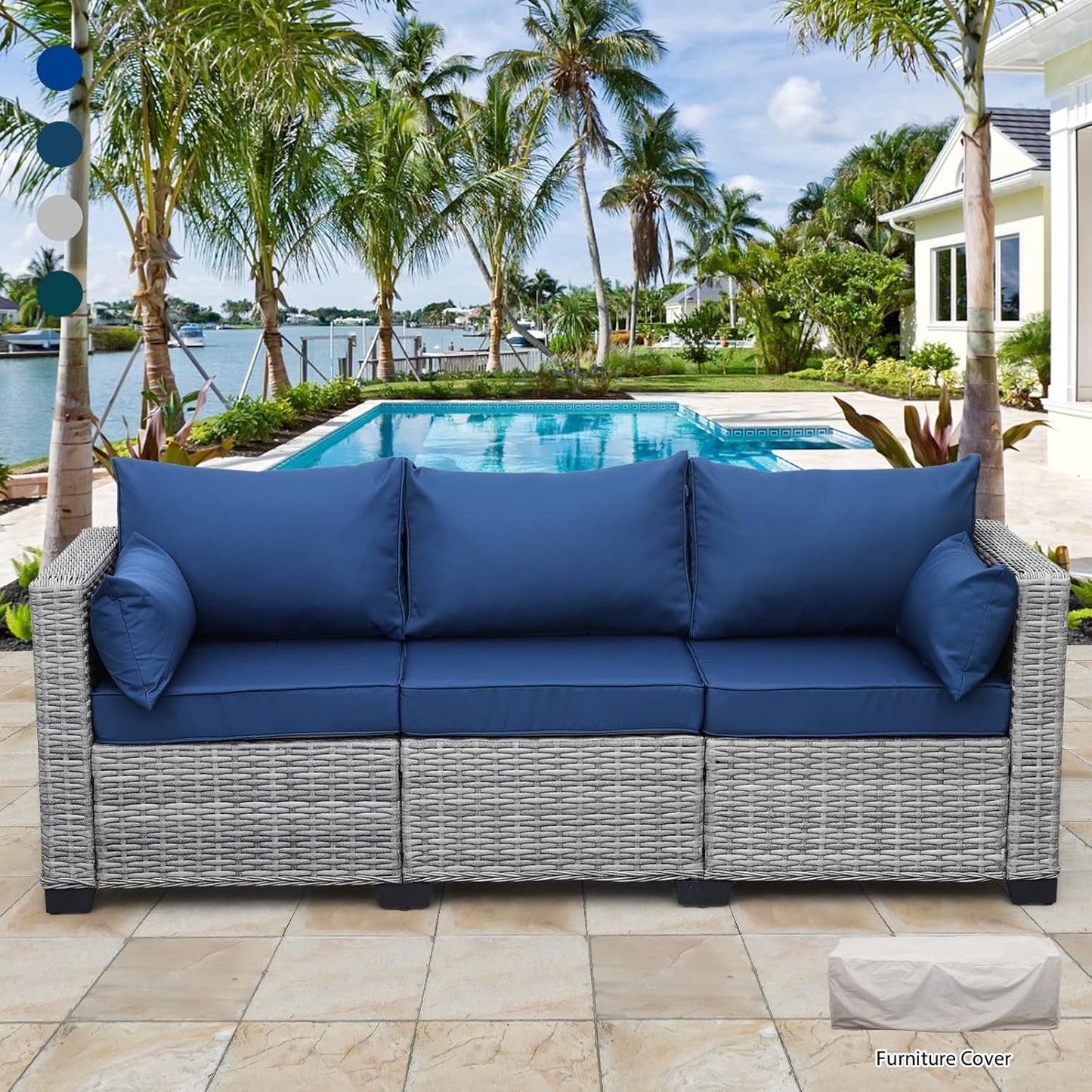 Rattaner Outdoor Furniture Outdoor Couch Grey Wicker Patio Furniture 3-seat Sofa Deep Seat Hight Backrest with Waterproof Cover and Anti-Slip Cushions, Navy Blue