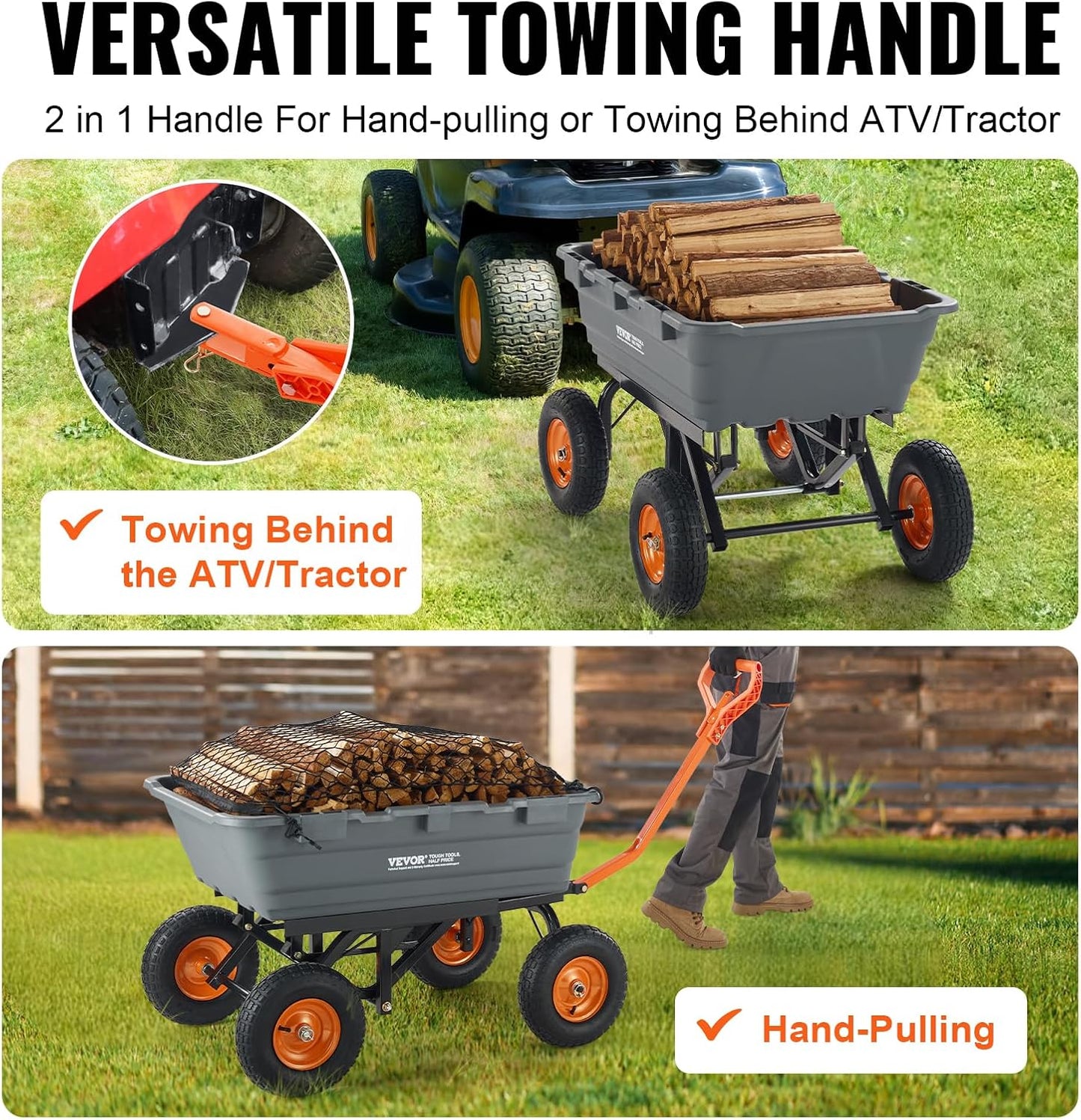 VEVOR 1500lbs Poly Garden Dump Cart Wheelbarrow Wagon with 2 in 1 Convertible Handle, Heavy Duty Yard Cart Wagon for with 13in All Terrain Wheels, Dump Trailer Tow Behind for Lawn Mower Tractor