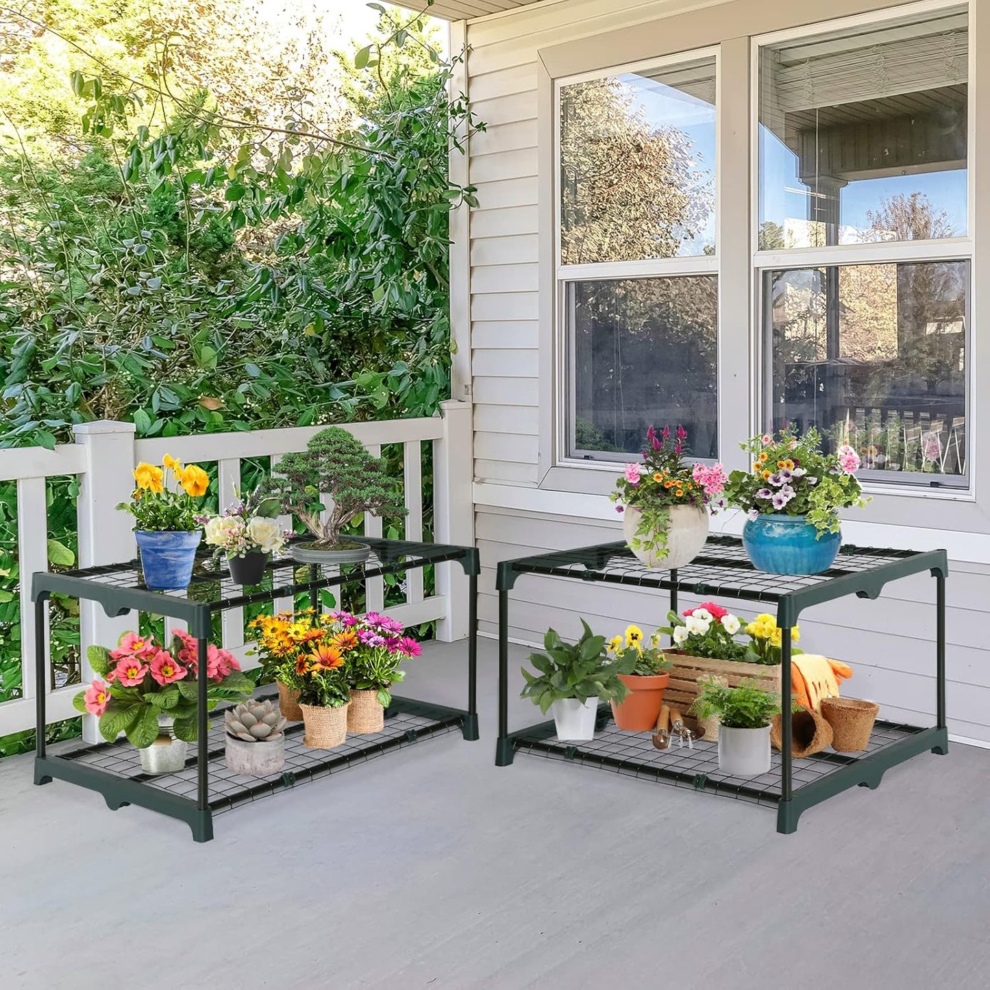 EAGLE PEAK Greenhouse Shelving Staging Double 2 Tier, Outdoor / Indoor Plant Shelves, 27"x19"x16", Green