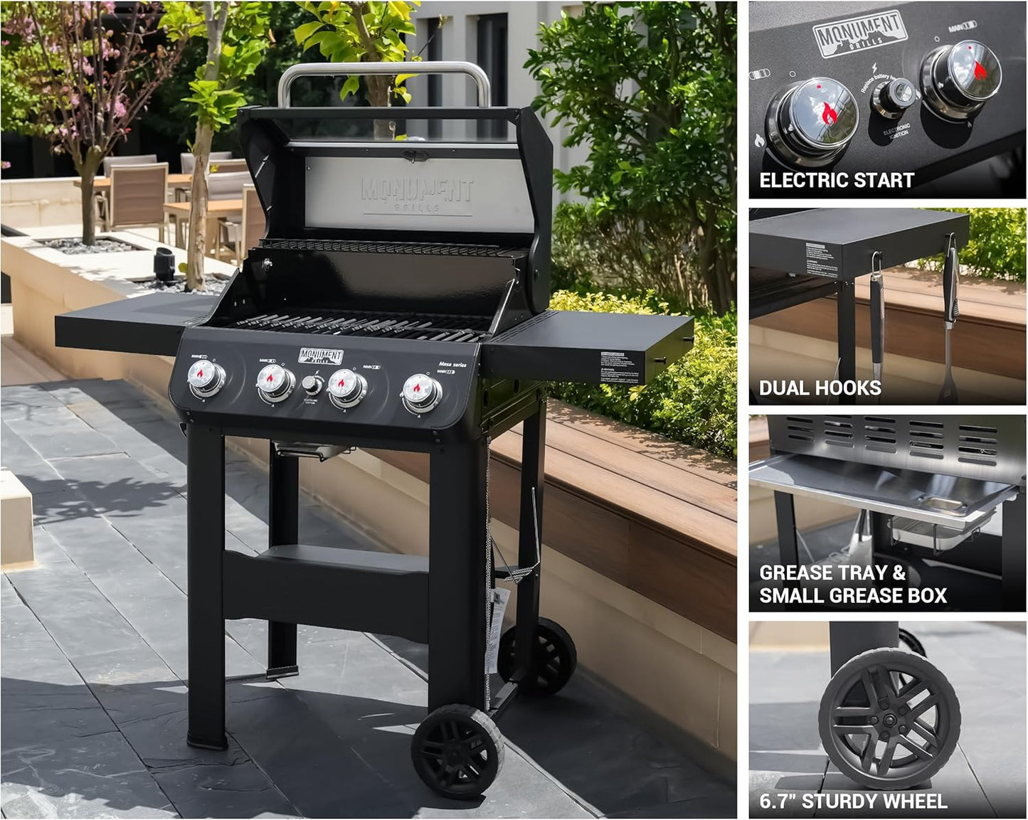 Monument Grills 4-Burner Liquid Propane Gas Grill, Matte Black Stainless Steel Burner Grill with Clearview® Lid, One Foldable Shelf for Outdoor Cooking Kitchen Patio Backyard, Mesa420MF with BBQ Cover