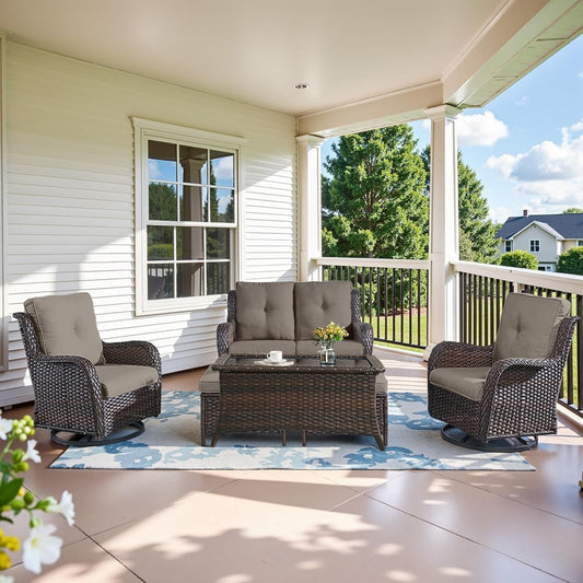 Wicker Outdoor Furniture Patio Furniture Set - 6 Piece Patio Conversation Set with Swivel Rocker Chairs, Loveseat Sofa, Ottomans and Coffee Table, Gray Cushion