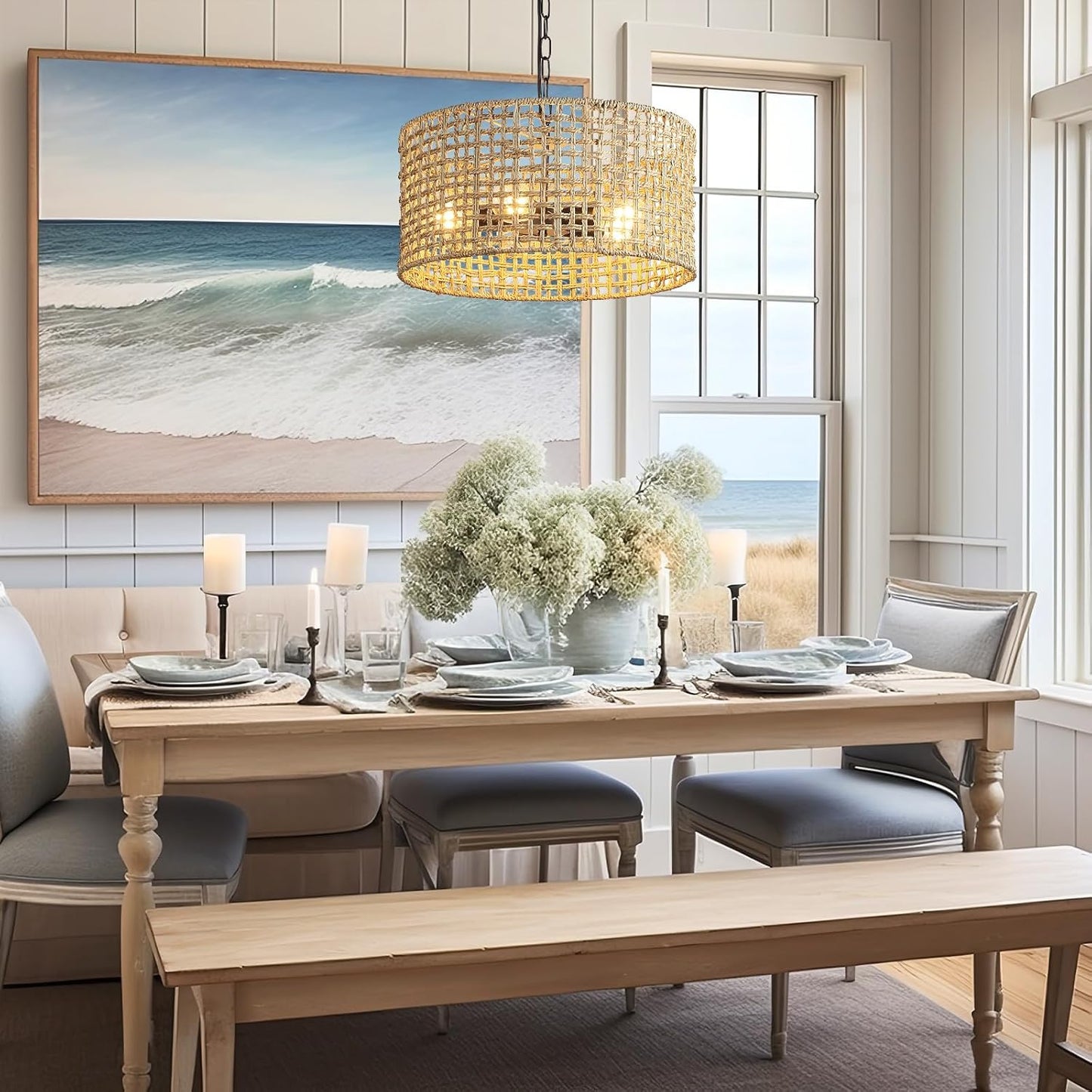 17.7" Rattan Dining Room Light fixtures, 5-Light Hand Woven Pendant Lights Kitchen Island Rattan Boho Chandelier Bohemian Hanging Ceiling Lights Wicker Lighting for Restaurants Living Room