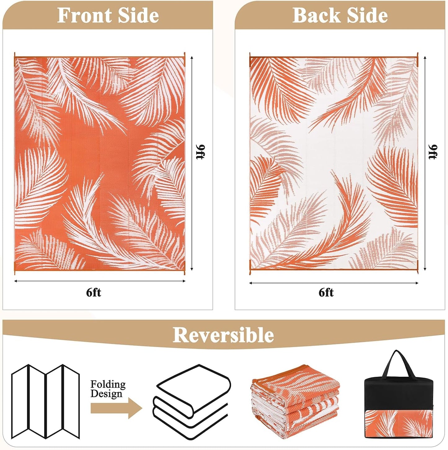 Pauwer Waterproof Outdoor Rug 6x9, Reversible Plastic Straw Patio Camping Rug, Indoor Outdoor RV Mat Carpet for Deck, Camper, Porch, Balcony, Backyard, Picnic, Leaf Orange