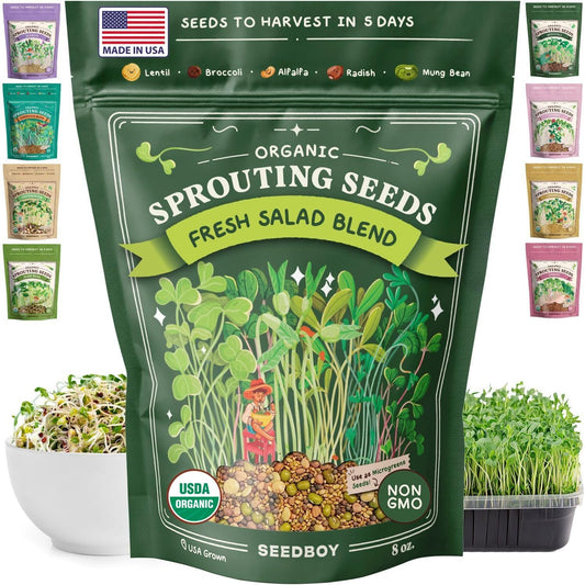 Seedboy Organic Sprouting Seeds - Salad Blend Variety- Non-GMO, USA Grown Microgreens Mix - Alfalfa, Broccoli, Radish, Mung Bean, Lentil - Makes 8 Quarts of Sprouts, 24 Servings (8 oz) (Salad Blend)