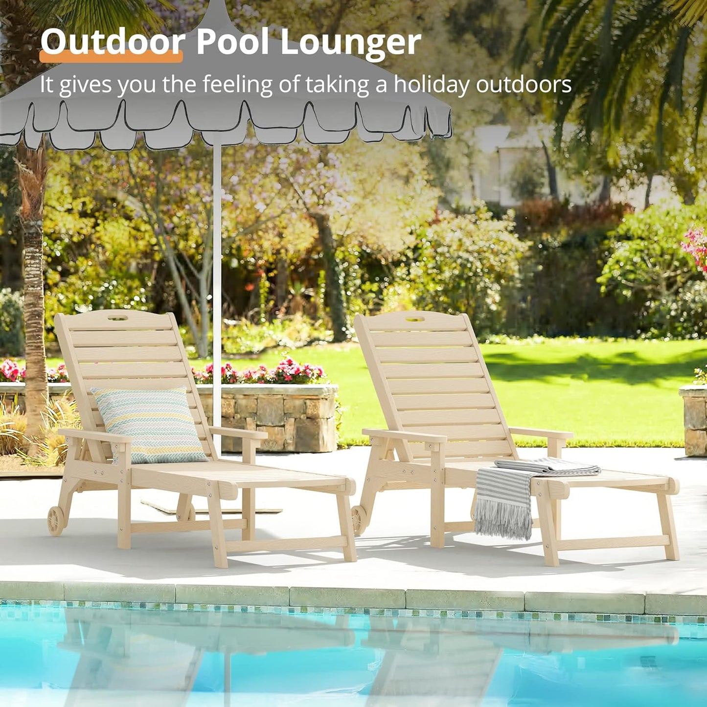 LUE BONA Outdoor Chaise Lounge, 79'' Oversized HDPS Chaise Lounger, 5 Positions Adjustable Lounge Chairs, Pool Lounge Chair with Wheels for Poolside, Backyard, 3 Year Warranty, Sand