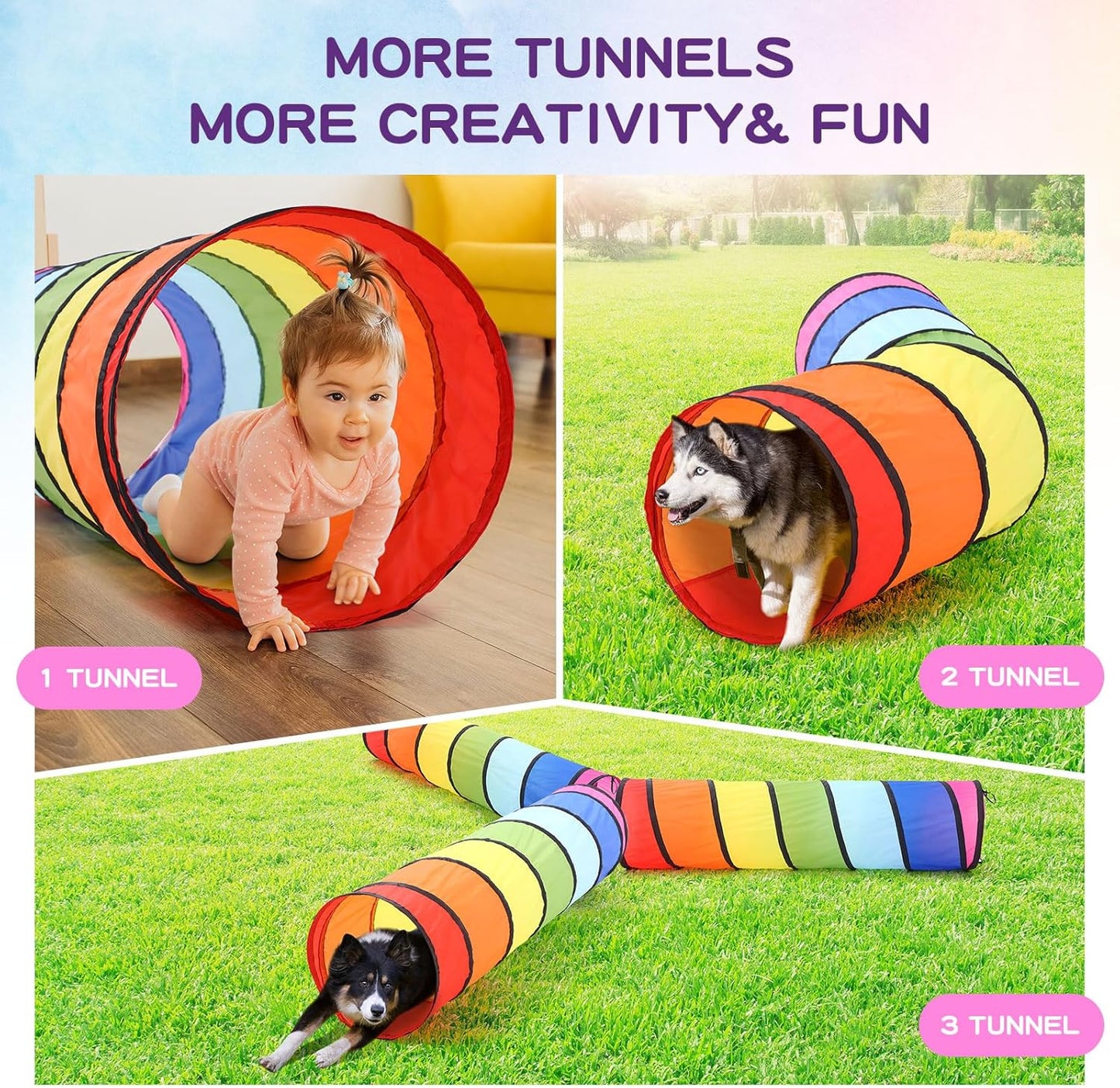 2 Pcs Play Tunnel for Kids Toddlers 6ft Multicolored Crawl Tunnel Play Tent for Baby or Pet Collapsible Gift for Boy and Girl Indoor and Outdoor Game(Classic)