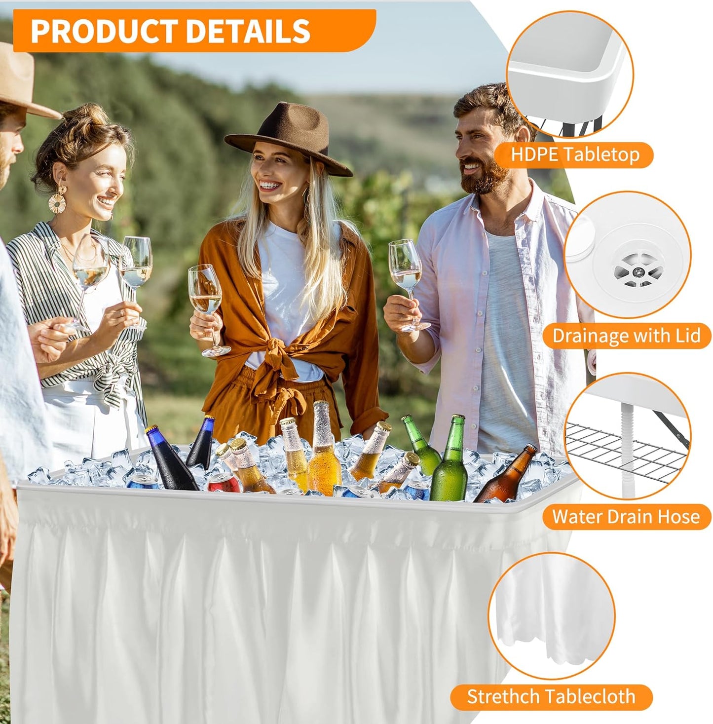 Portable Folding Ice Cooler Table - Outdoor Cooler 4 Foot Table with Removable Matching Skirt and Shelf, Ice Tables for Party, BBQ, Camping, Picnic, Foldable Self-Serving Beverage Cooling Bar(White)