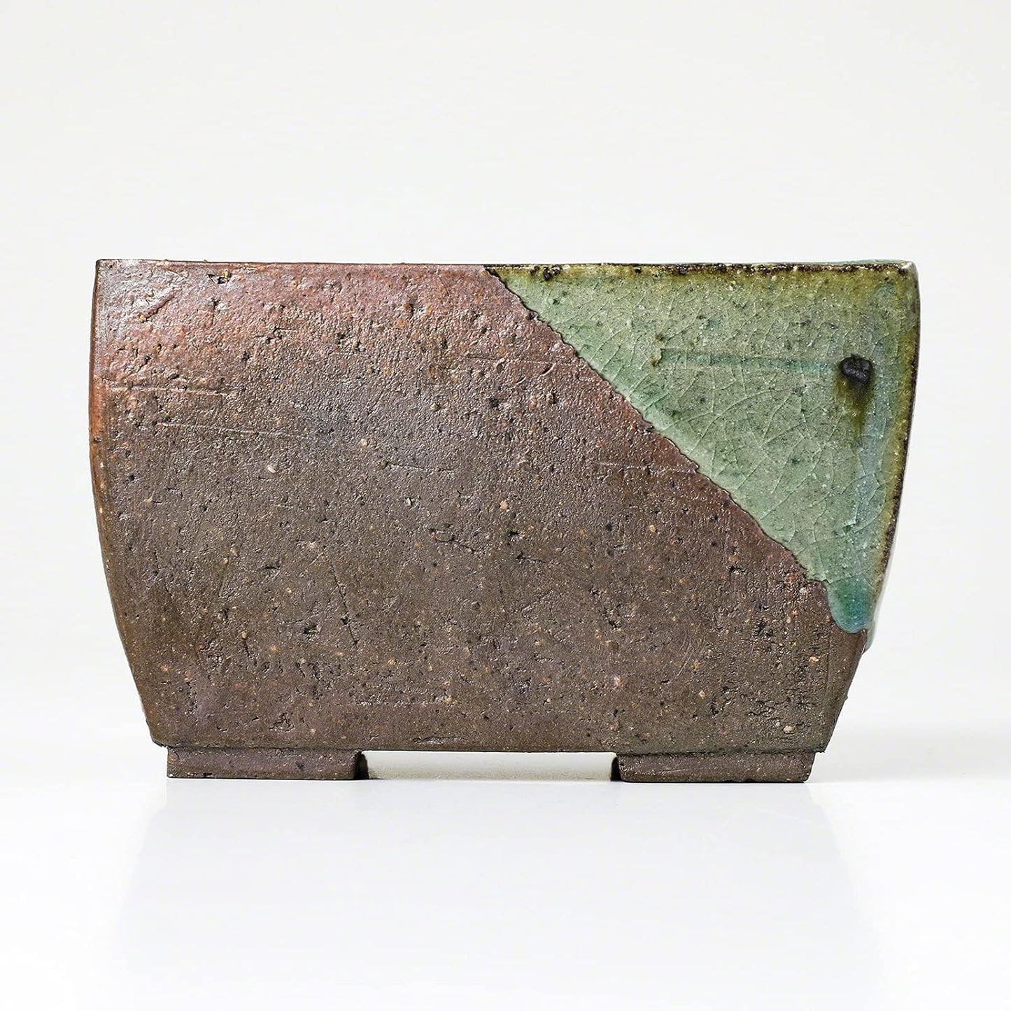 Wazakura Tokoname Series Small Handmade Rectangular Glazed Bonsai Pot with Drainage Holes 5.3 in (135 mm) Made in Japan, Ceramic Training Container and Planter - Brown Green