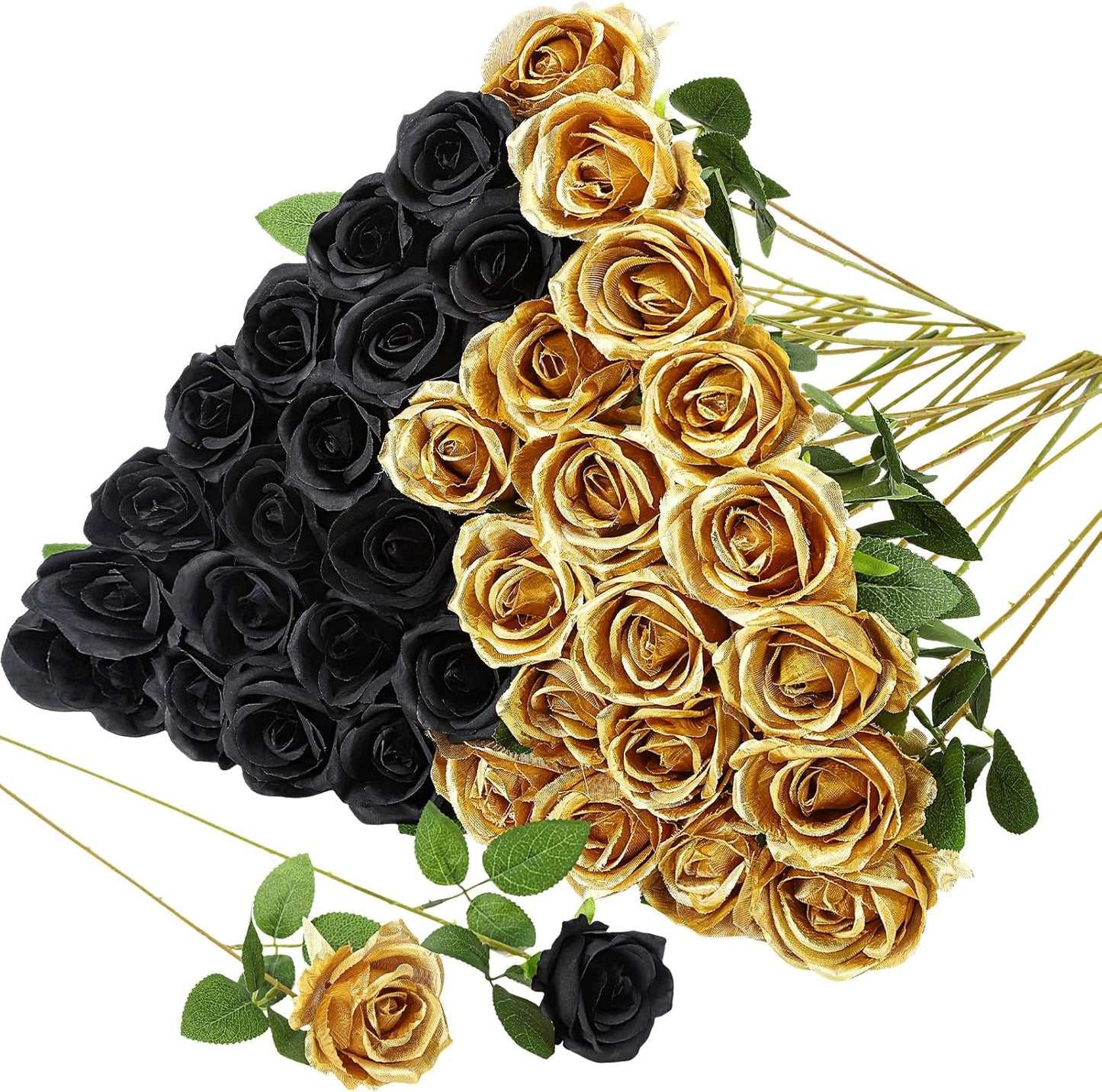 36 Pcs Silk Black Gold Rose Bouquet Bridal Artificial Flowers,Fake Rose Long Stem Realistic Flowers Bulk for Wedding Bouquet Ball Arrangement Centerpiece Party Decor