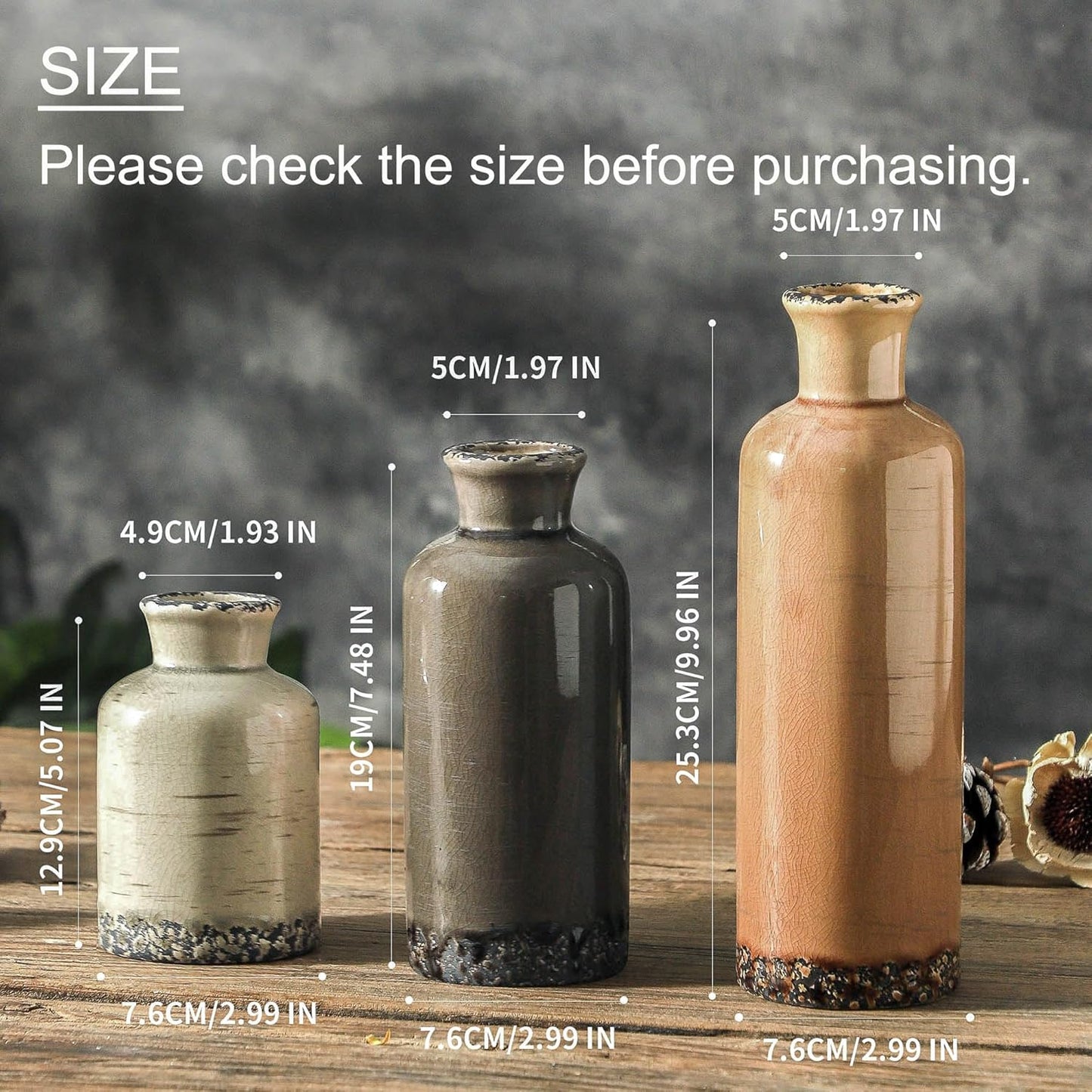 Ceramic Vase Set of 3, Neutral Flower Vases Home Decor, Pottery Rustic Farmhouse Decorative Vases Modern Decor for Table Mantel Entryway Bookshelf Living Room Kitchen Bedroom - Brown