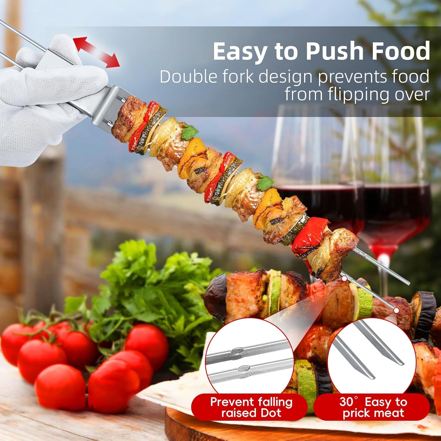Skewers for Grilling - 13" Kabob Skewers with Push Bar Double Pronged Anti-Roll Metal Skewer for Kabobs, Stainless Steel Reusable BBQ Skewer for Grilling,Ideal for Meat Shrimp Vegetable 6pcs