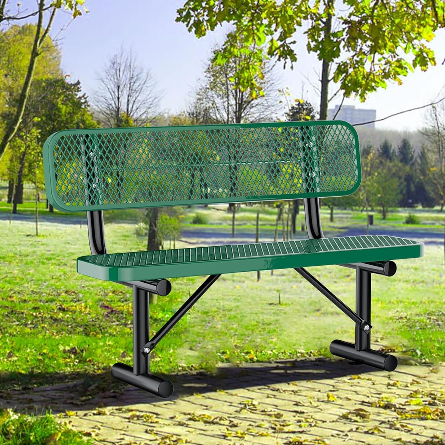 Outdoor Garden Bench, Cast Iron Metal Frame Patio Park Bench with Backrest, Portable Expanded Metal Black Bench, Commercial-Grade Outdoor Seating for Lawn, Patio, Park, Yard, Garden (Green, 4FT/48'')