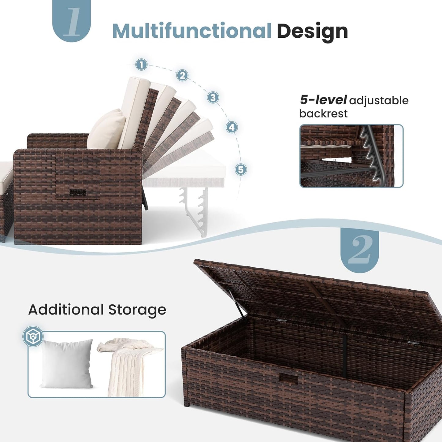 Amopatio Wicker Outdoor Daybed - Outdoor Loveseat with Storage Ottoman,4-Level Adjustable Backrest & Cushions, Patio Loveseat for Yard, Balcony, Porch, Garden, Poolside（Beige）