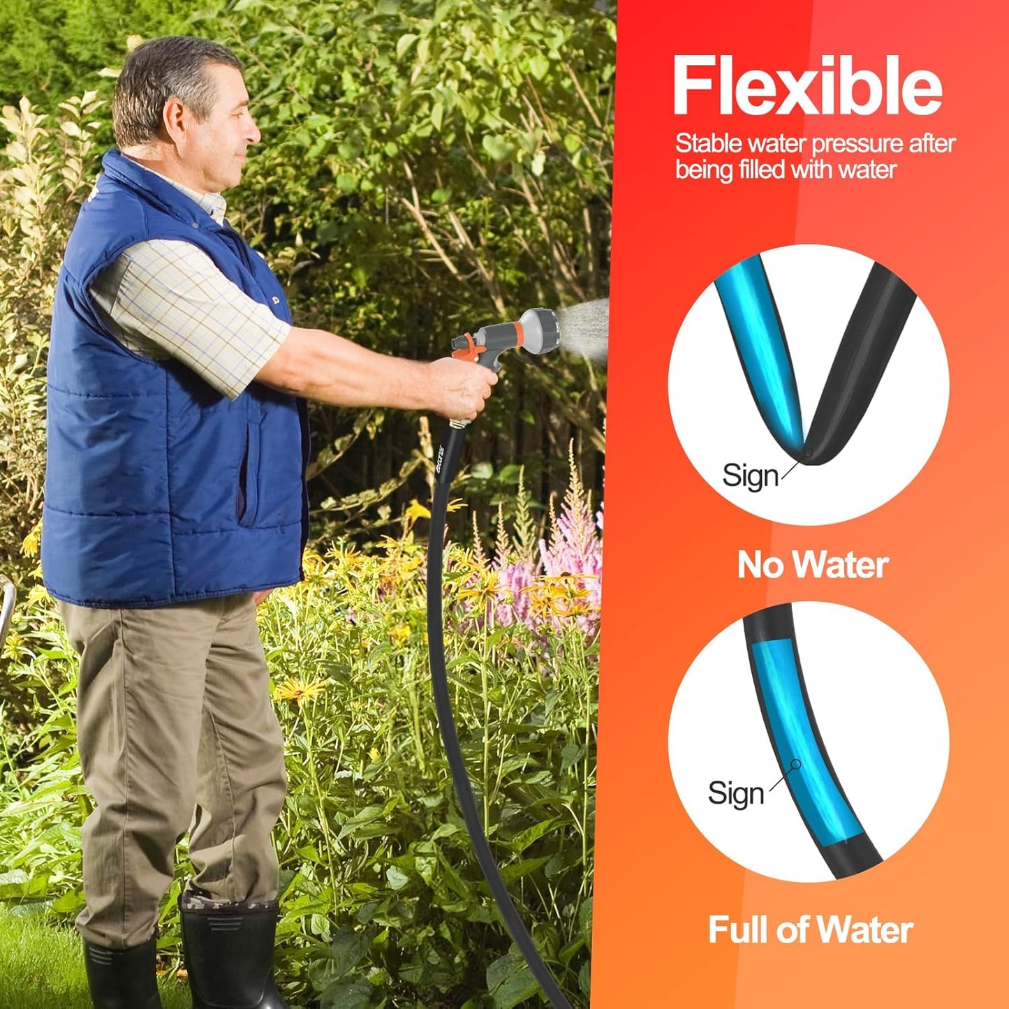 Garden Water Hose 100 ft x 5/8 in Heavy Duty, Flexible and Lightweight, Burst 600 psi, Kink-less Hybrid Rubber Pipe for Backyard, 3/4'' Brass Fittings, Black