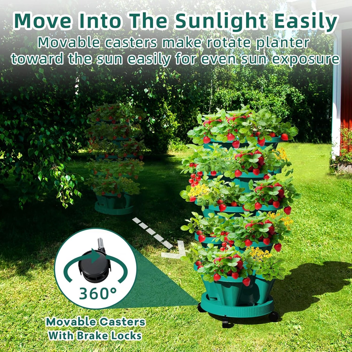 Strawberry Stacking Planters, Vertical Garden Tower, 3 Tiered Stackable Herb Vegetable Planters with Movable Casters and Bottom Saucer Indoor and Outdoor - Hunter Green