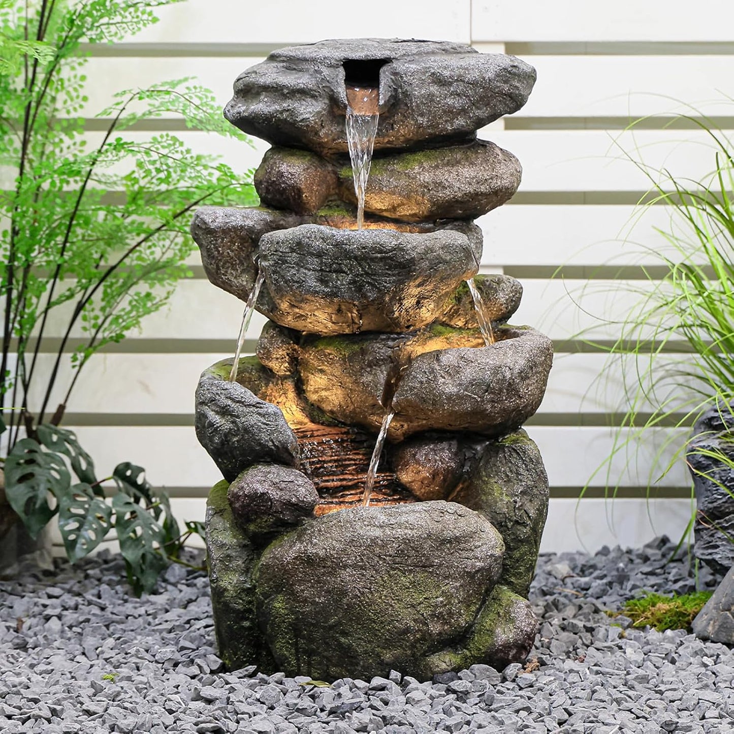 Outdoor Water Fountain 4-Tiers Rock Cascading Indoor Floor-Standing Resin Bubbler Fountain Features Garden, Patio, Yard, Lawn and Home Art Decor, 29“H