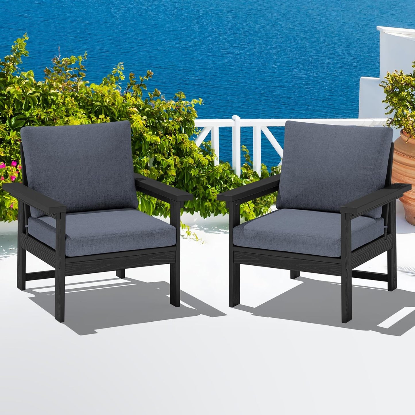 SERWALL Outdoor Patio Sofa Set, 2-Piece HDPE Single Seat Outdoor Sofa Chair with Padded Cushions, Black Frame with Grey Cushion