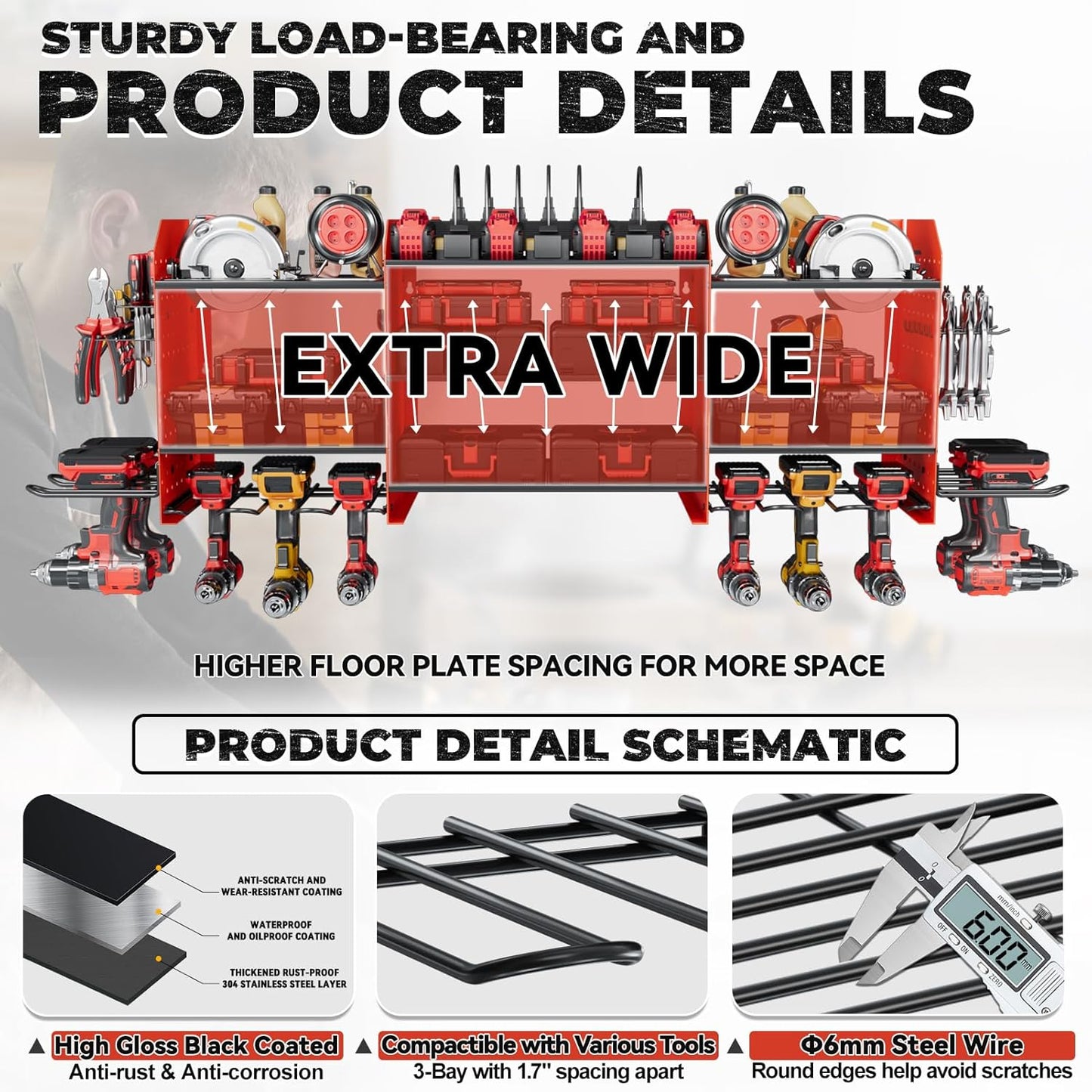 Upgrade Large Power Tool Organizer Wall Mount with Charging Station Tool Storage Rack with 6.5FT Power Strip 10 Drill Holder and Storage Rack for Garage Organization