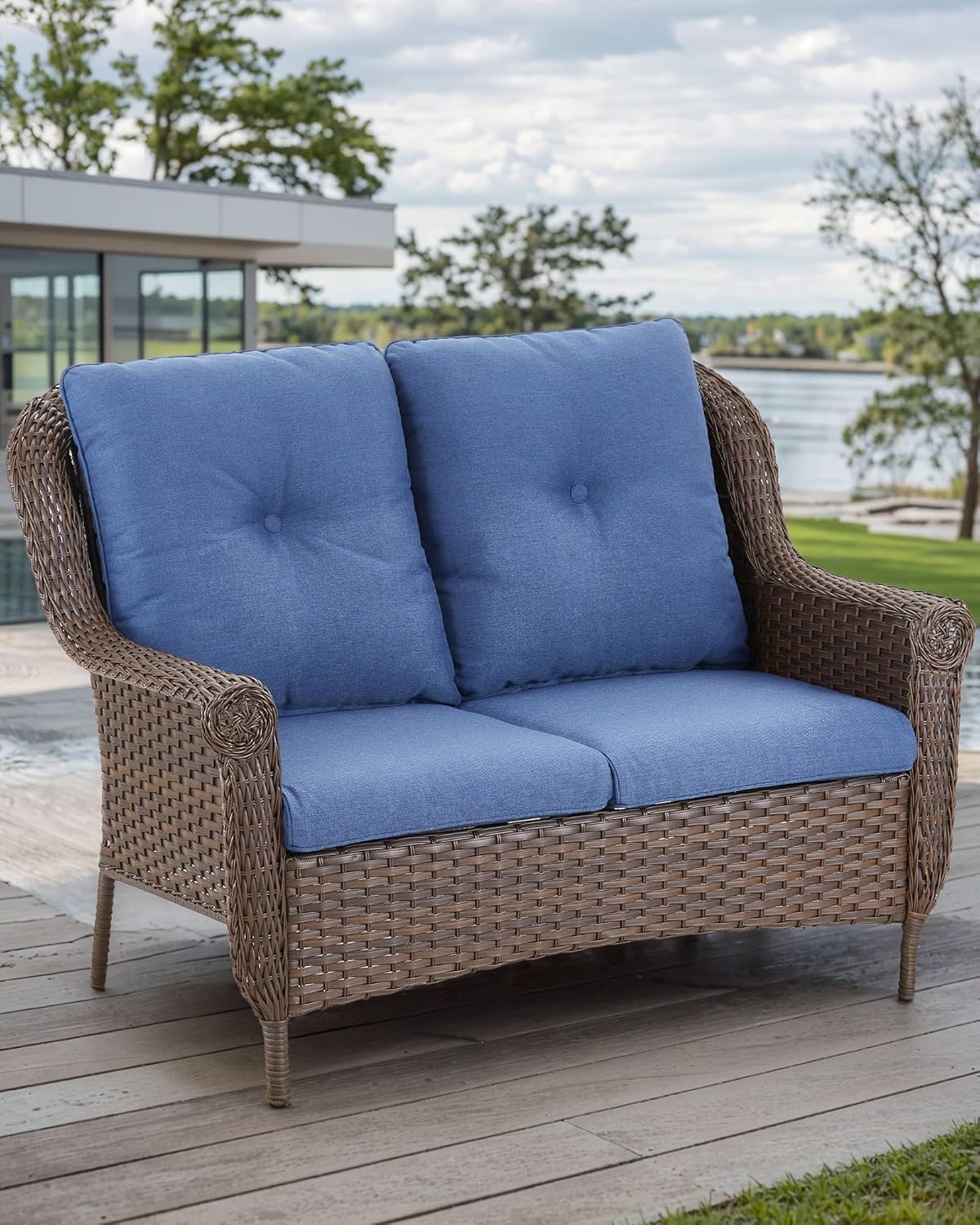 Patio Loveseat Outdoor Wicker Sofa - Heavy Duty All-Weather Brown Rattan 2-Person Sofas with High Back and Comfortable Thick Cushions for Garden Back Porch Poolside Apartment - Navy Blue