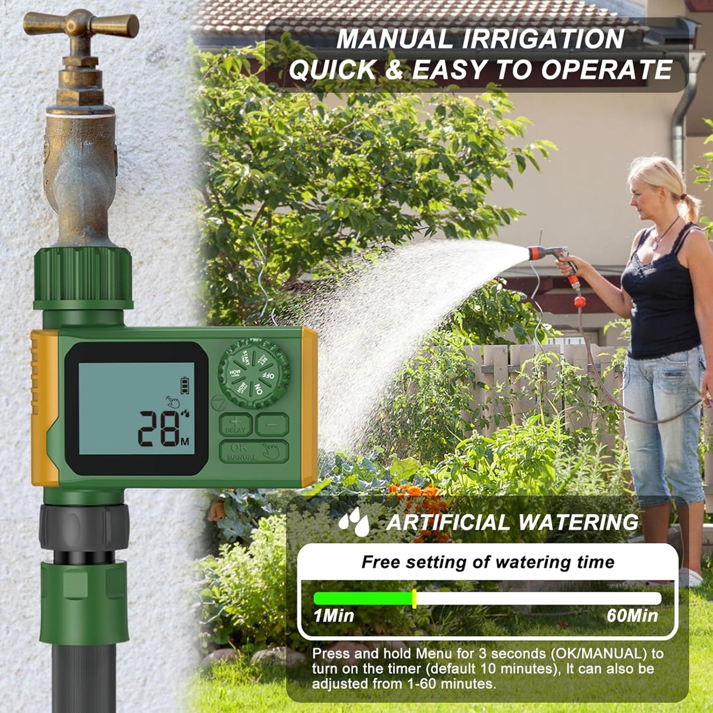Garden Hose Timer Automatic Programmable - Digital Water Timer with LCD Display, Rain Delay & Manual Modes for Lawn Sprinkler System, Irrigation for Yard