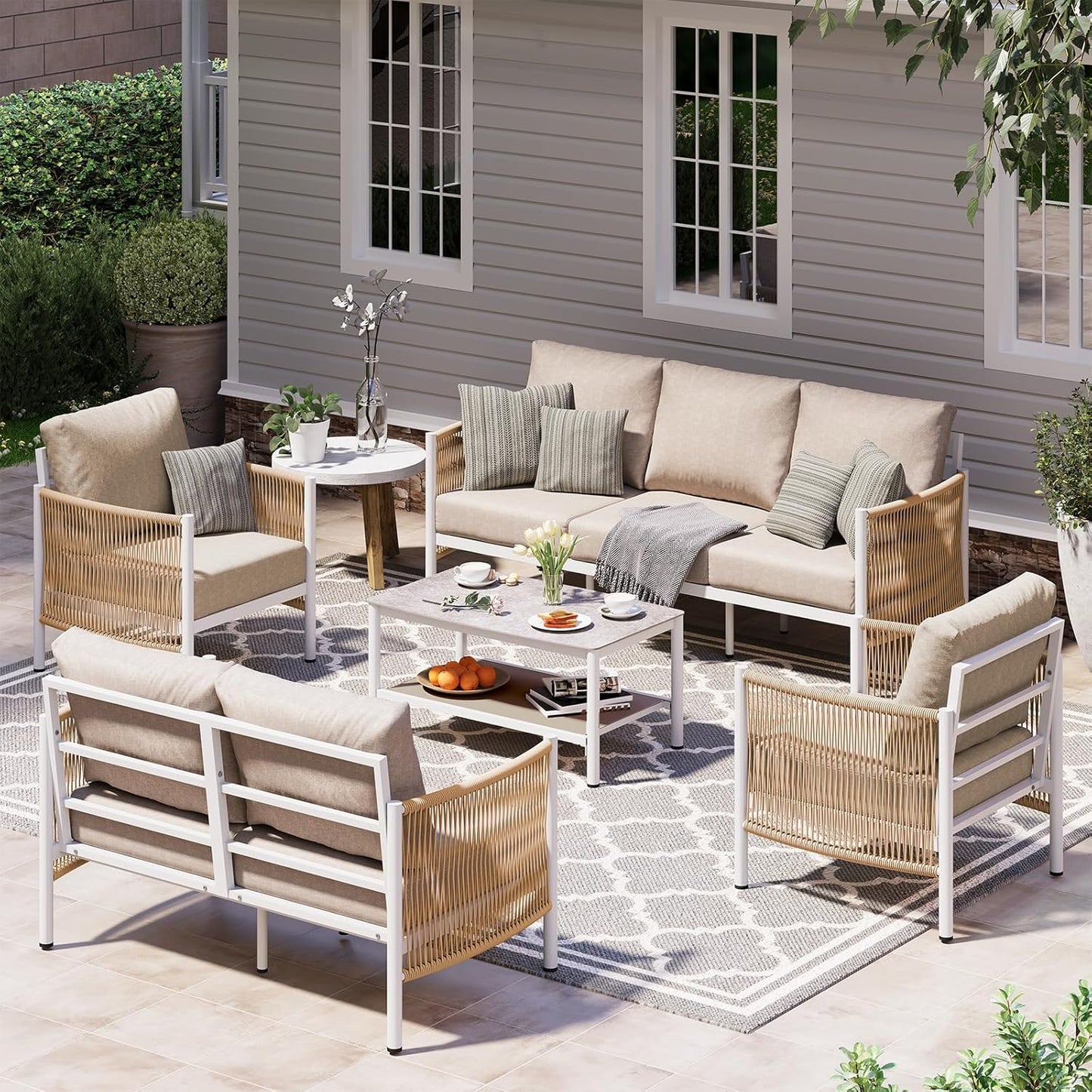 Aluminum Outdoor Patio Furniture Set, HDPE Rope 5 Piece Modern Sectional Conversation Sets with Dual-Layer Coffee Table, All Weather Patio Couch Sofa with Thick Cushions, White Frame, Ivory