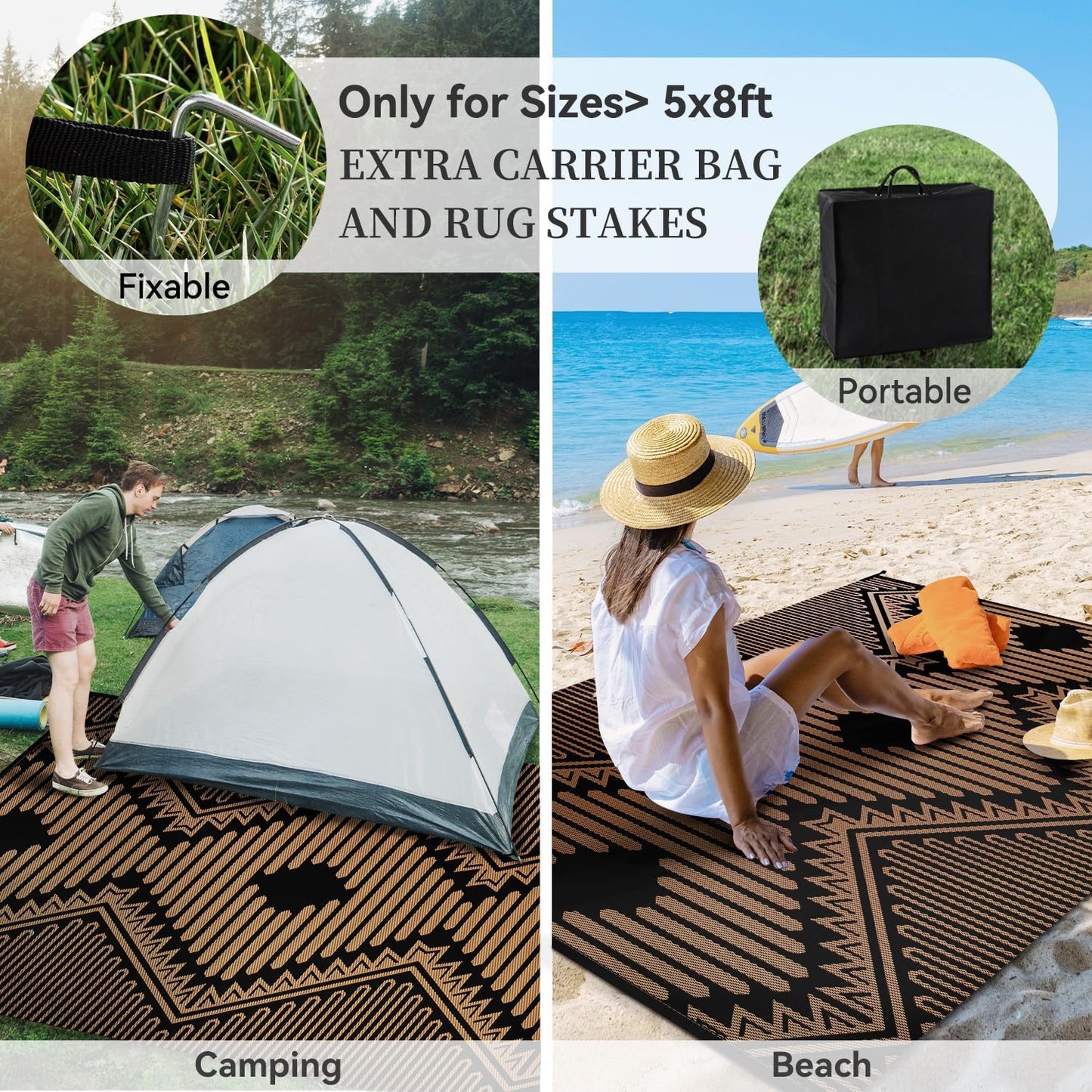 MontVoo Outdoor Rug-Waterproof Camping Rug Patio Rug Mat 6x9 Reversible Plastic Straw Outside Outdoor Rug for RV Camping Picnic Balcony Backyard Pool Deck Porch Modern Boho Black Brown