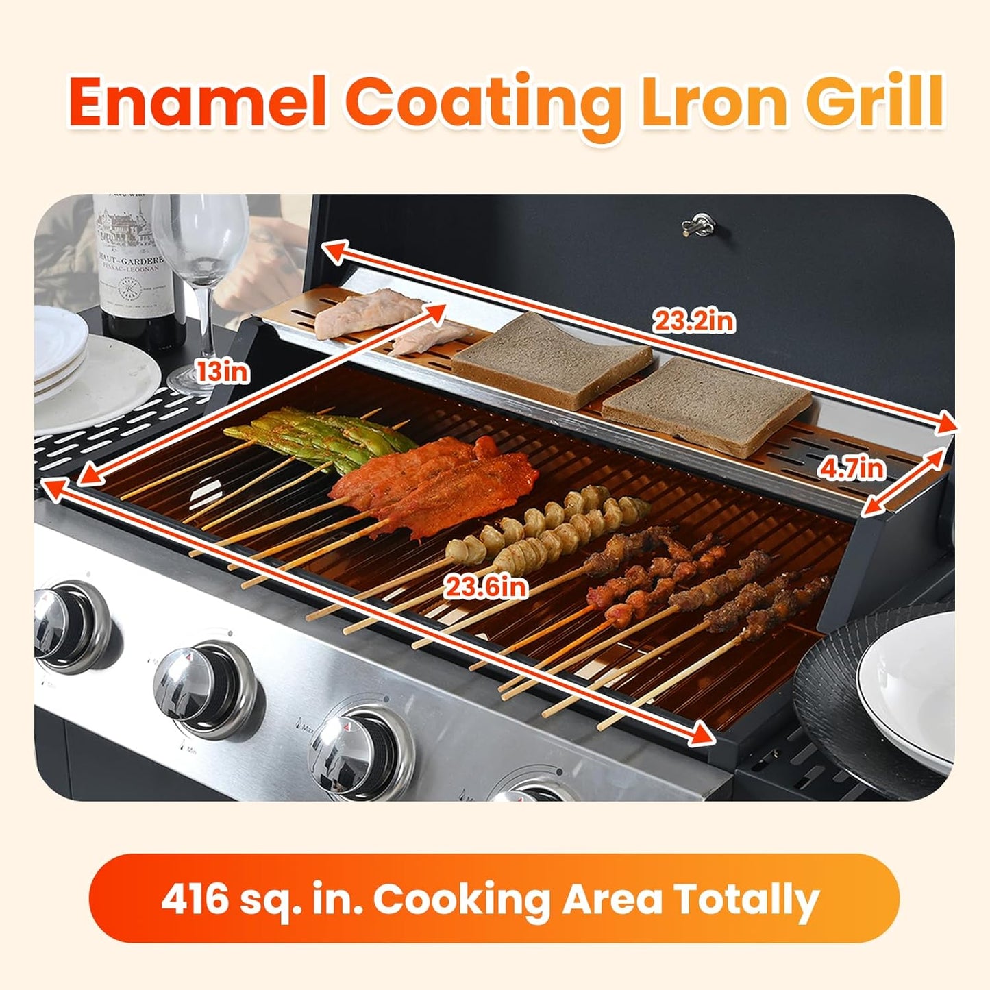 4-Burner Propane Gas BBQ Grill with Porcelain-Enameled Cast Iron Grates and 2 Foldable Side Tables, 34,000 BTU Stainless Steel Grill for Outdoor Camping Barbecue Grilling Backyard Cooking