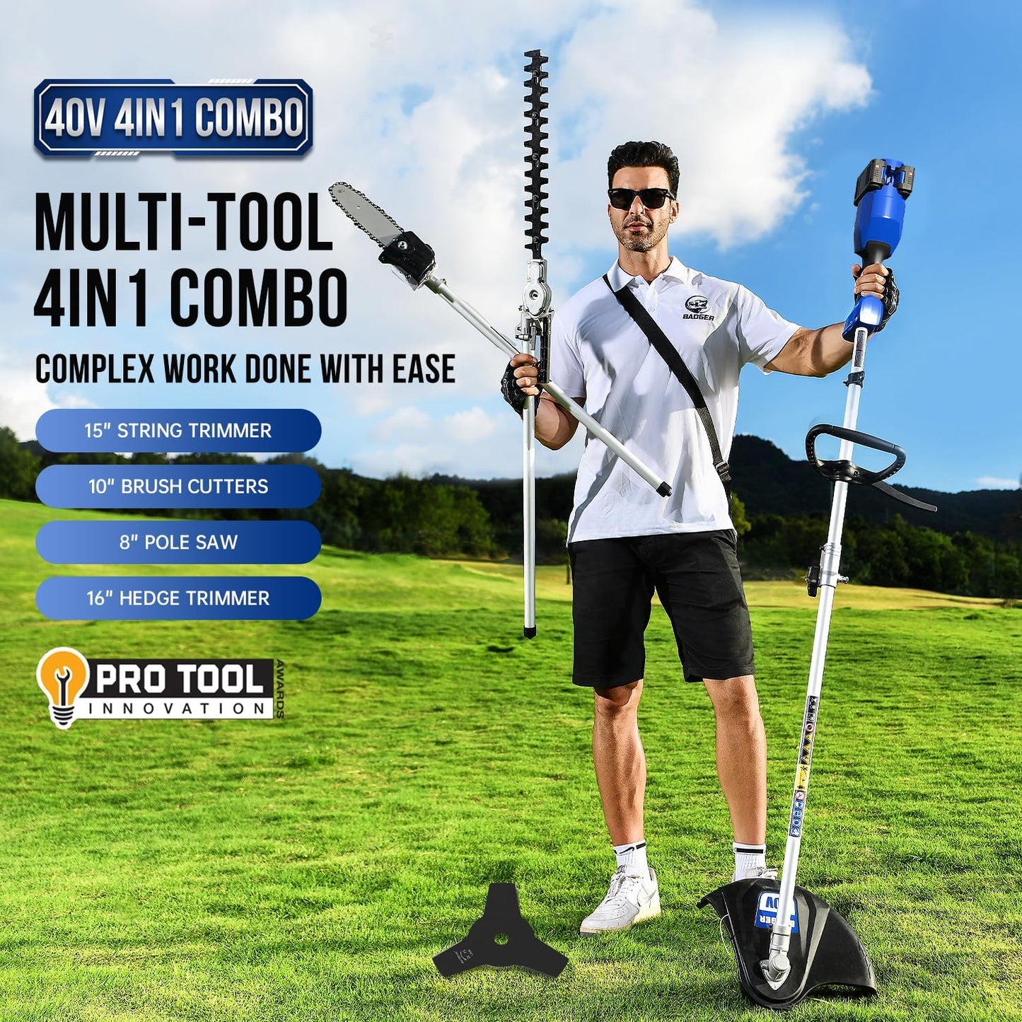 Wild Badger Power 40V Cordless Weed Wacker, String Trimmer/Edger, Hedge Trimmer and Brush Cutter Blade, Pole Saw, Attachment Capable 4-in-1 Multi-Tool Kit with 2 * 20V 4Ah Battery and 1 Charger, Blue