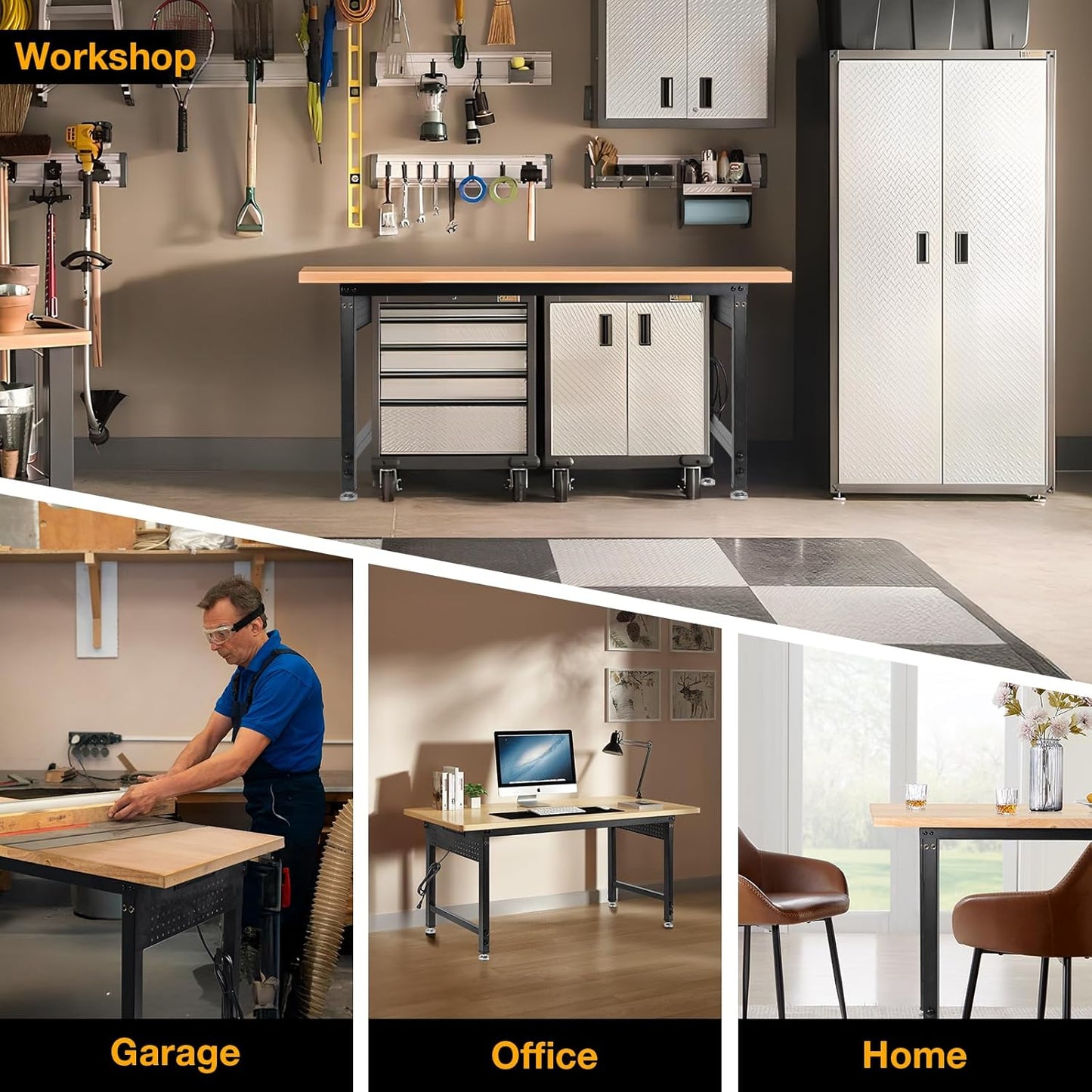 Height Adjustable Workbench Heavy Duty Work Table 2000 LBS Load Capacity 60”×22” Rubber Wood Work Station with Power Outlet & Pegboard for Garage, Workshop, Office,Party Shop, Home