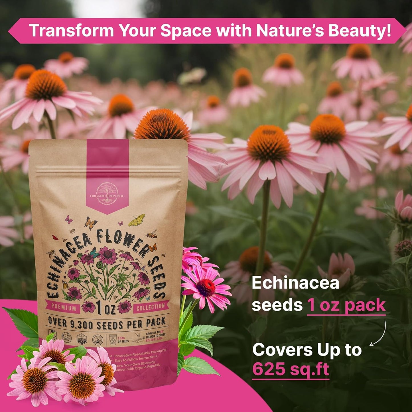 Organo Republic Echinacea Seeds Pack 1 oz - Over 9,300 Non-GMO Heirloom Echinacea Seeds for Planting, Perennial Flowers in Individual Packet, Coneflower for Planting Indoor & Outdoor Garden