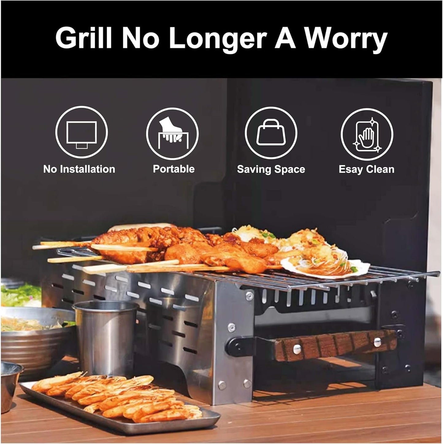 Charmline 19x13in Foldable Portable Grill Charcoal, Compact Grills for Outdoor Use, Desktop Charcoal Grill for Indoor Use, BBQ Grill for Camping, Picnics, Gardens and Beach Parties, Black