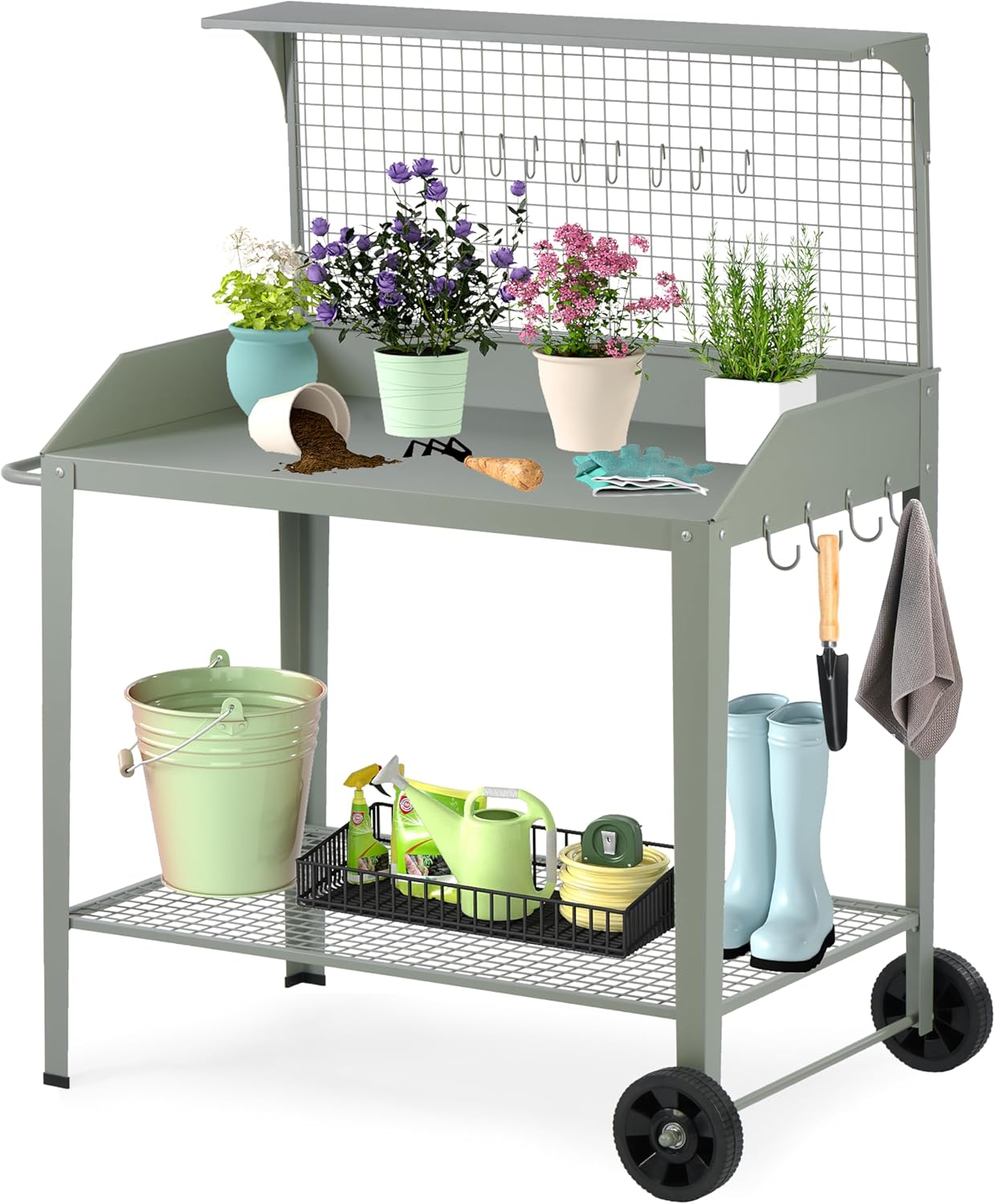 Outdoor Metal Potting Bench with Wheels, Heavy Duty Garden Workbench Table with Storage Shelf (Green, 52.8"x36.6")