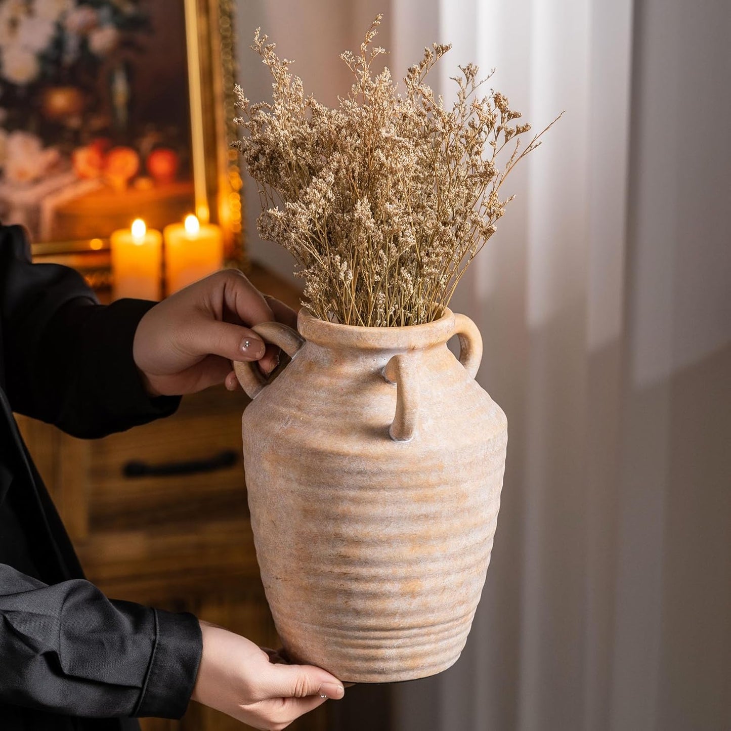 Vintage Terracotta Ceramic Vase with Handles, Rustic Beige Pottery Tulip Vase for Cottage Core Home Mantle Decor, Farmhouse Table Centerpieces, Large Bulk Flower Vases Jarrones Decorativos para Sala