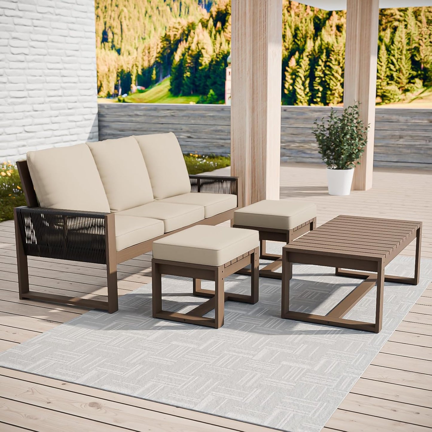 EAGLE PEAK Natural Wood Outdoor Patio Furniture, Cedar Furniture, Conversation Set, Outdoor Seating for Deck Patio Porch, Sofa, 2 Ottomans & Coffee Table, 4 Pieces, Brown/Beige