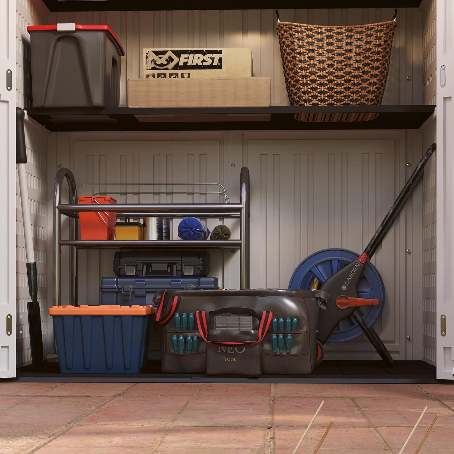 Vertical Resin Storage Shed with 2 Shelves, 60 Cuft Garden Tool Sheds & Outdoor Storage, Plastic Outdoor Storage Cabinet Waterproof, 4.5 x 2.3 ft Backyard Outside Lawn Mower Storage Shed, White