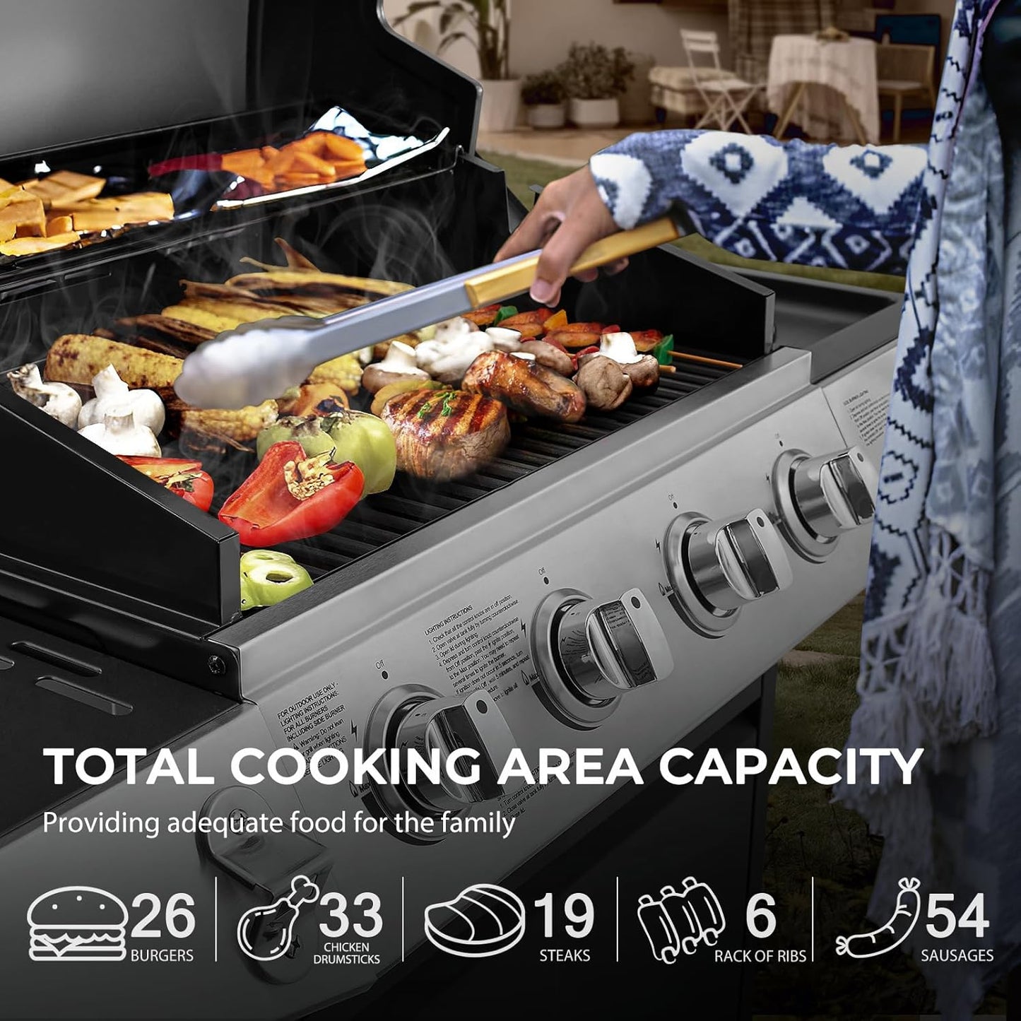 4 Burners Gas Grill with Side Burner, Propane Grill with Wheels and Storage, Outdoor Gas BBQ with Oil Tray and Thermometer for Patio and Party, 49200 BTU