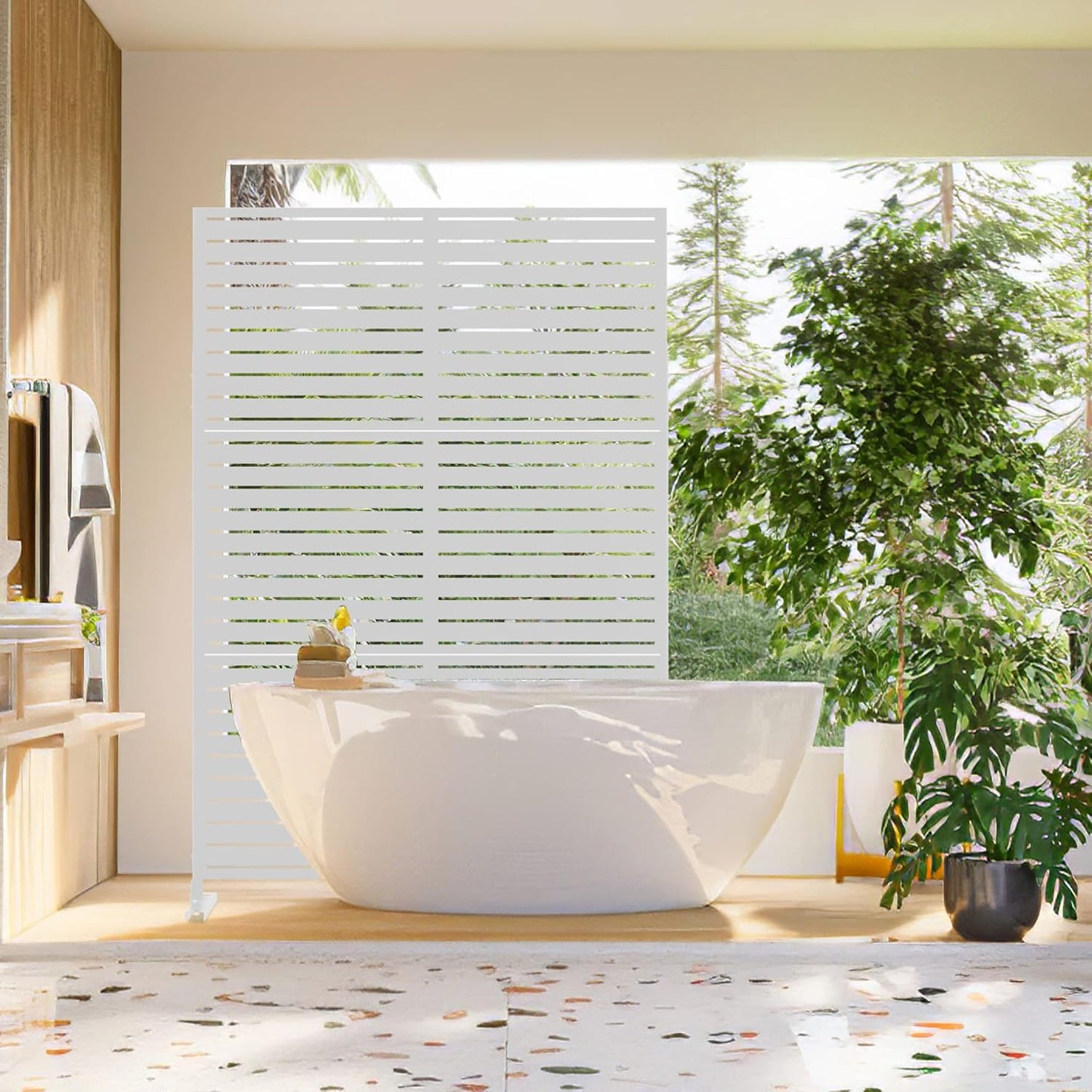 Metal Privacy Screen Outdoor 72" H×47" W,Freestanding Decorative Privacy Screen for Balcony Yard&Garden,Privacy Fence-White&Louvered