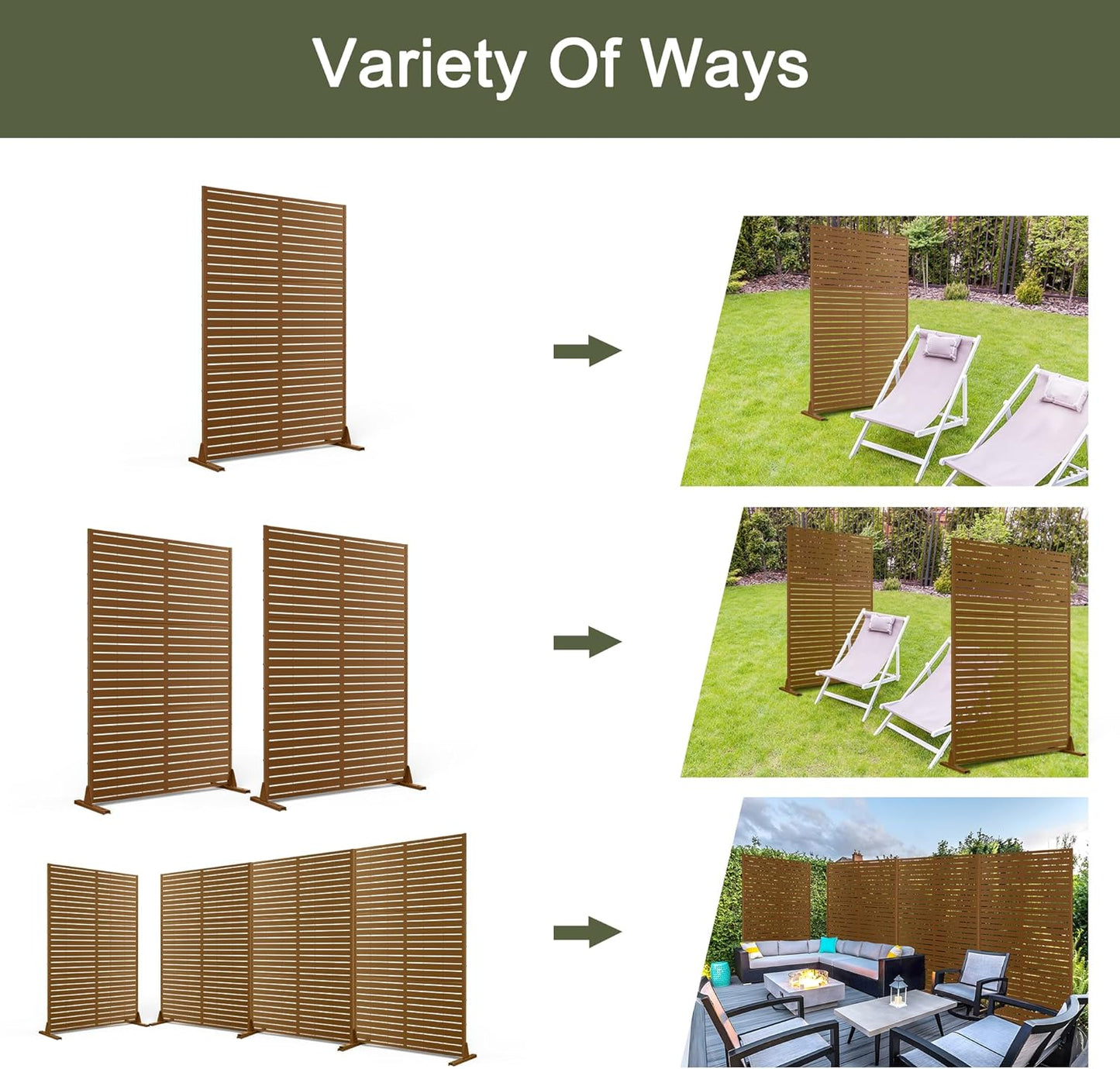 Metal Privacy Screen Outdoor 72" H×47" W, Freestanding Decorative Privacy Screen for Balcony Yard&Garden,Privacy Fence-Brown&Louvered