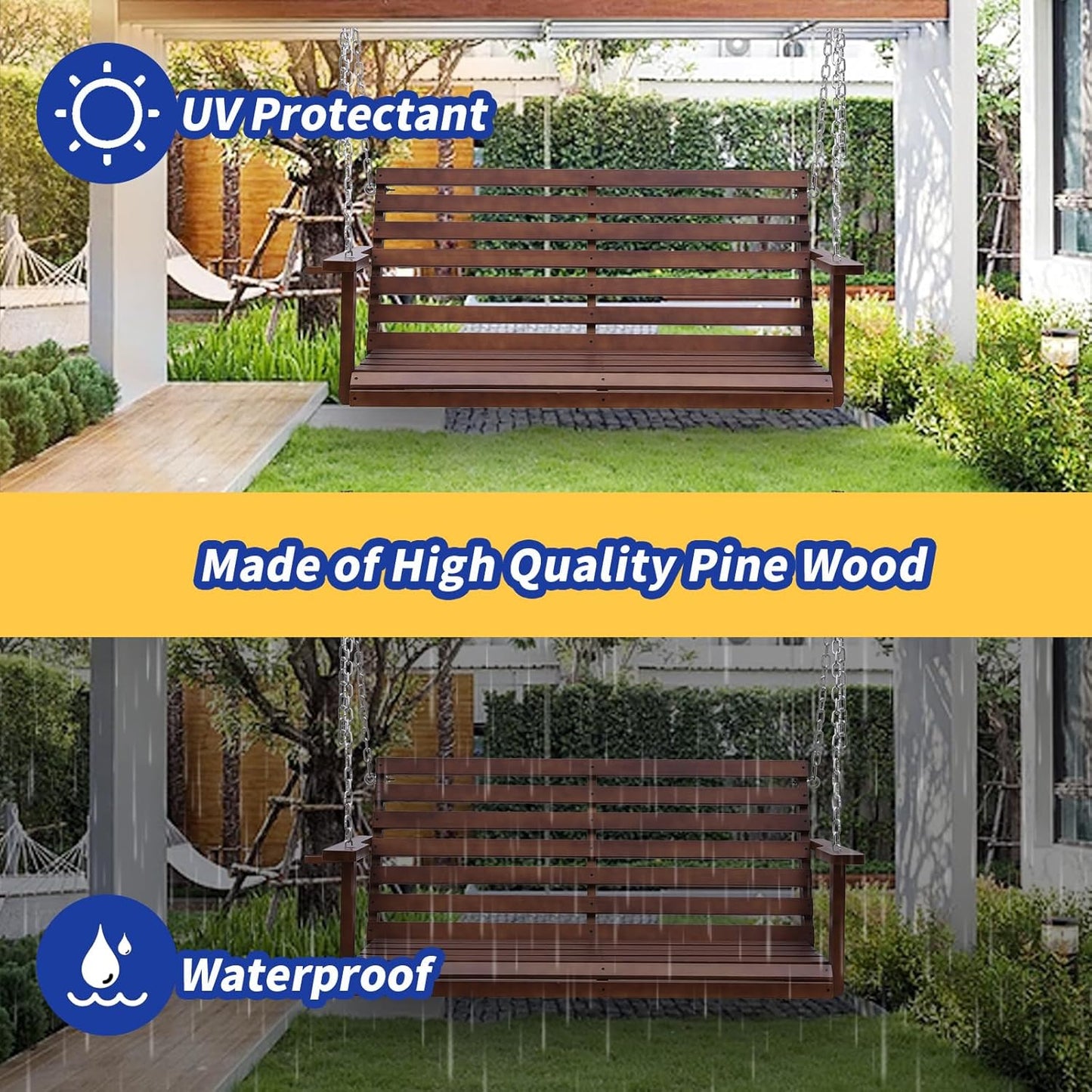 Wooden Porch Swing with Cup Holder, Outdoor Patio Swing Bench for Courtyard & Garden, Upgraded 4 FT Heavy Duty 880 LBS Porch Swing, Outdoor Swing with Hanging Chains, Brown