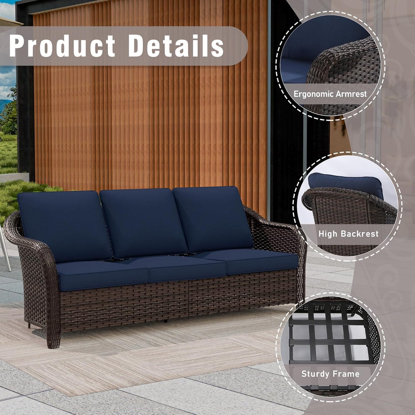 3 Piece Patio Wicker Conversation Set, All-Weather Use Outdoor Wicker Sofa with 2 PE Rattan 360 Swivel Chair, Ideal for Porch, Backyard, Balcony, Poolside, Blue