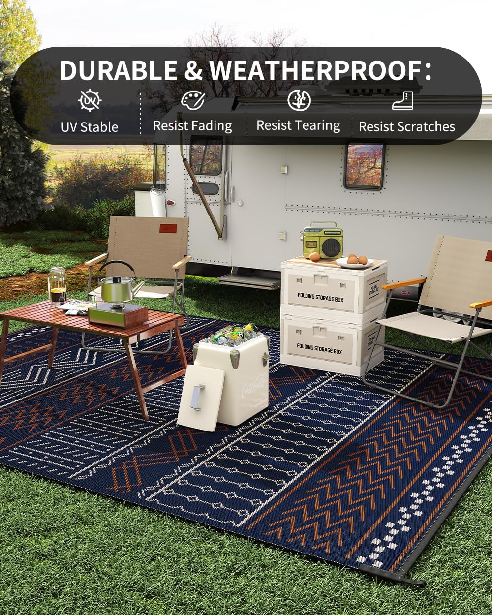 Outdoor Rug Carpet Waterproof 5x8 ft Patio Rug Mat Indoor Outdoor Area Rug for RV Camping Picnic Reversible Lightweight Plastic Straw Outside Rug for Patio Decor Decoration Boho Rug Navy Red