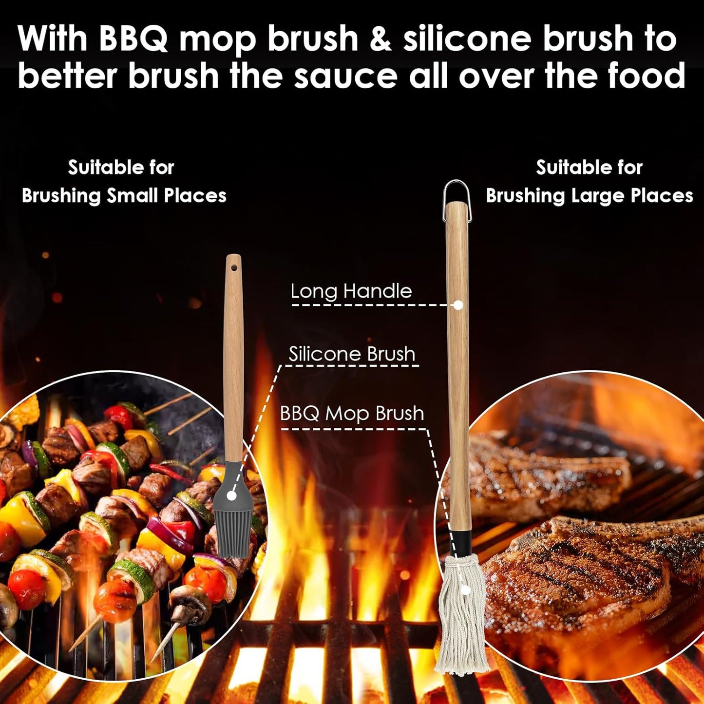 BBQ Mop Brush and Cast Iron Sauce Pot Set, 8Pcs Barbecue Accessories Include Basting Melting Pot, 2 Size Wooden Handle Sauce Mops with 4Pcs Replacements and Oil Brush for Meat Smoker, Grill, Stove