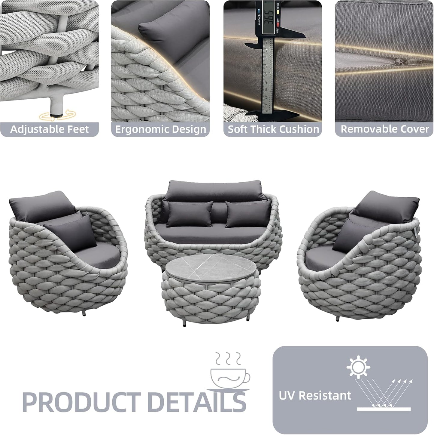 5 Pieces Patio Furniture Set Outdoor Rope Conversation Sectional Patio Sofa with 5 Seater for Backyard, Porch, Modern Armchairs with Thickness Cushions and Side Table