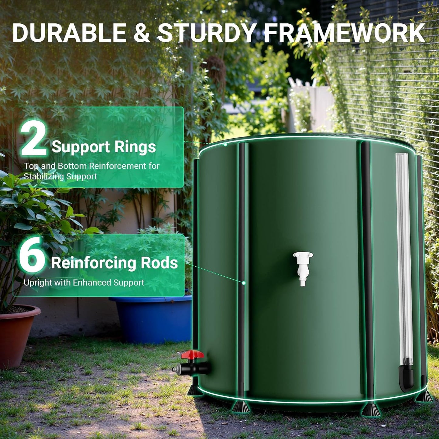 SKM Collapsible Rain Barrel, 53 Gallon Portable Rain Water Collection Barrel for Garden/Outside/Lawn, PVC Rainwater Collection System Water Tank Storage Container with Spigots & Overflow Kit, Green