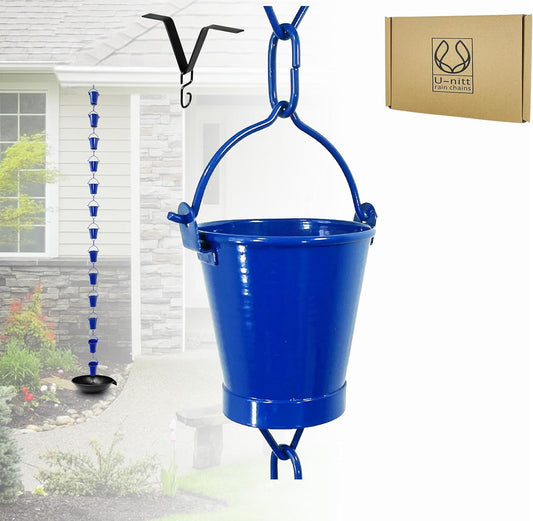 U-nitt Rain Chain Water Collection for Gutters, Rainwater Catcher & Diverter, 8.5 FT Chains for Outside Garden, Blue Bucket Cups, Roof Downspout, Works with Heavy Rain, w/Gutter Clip for Rainchains