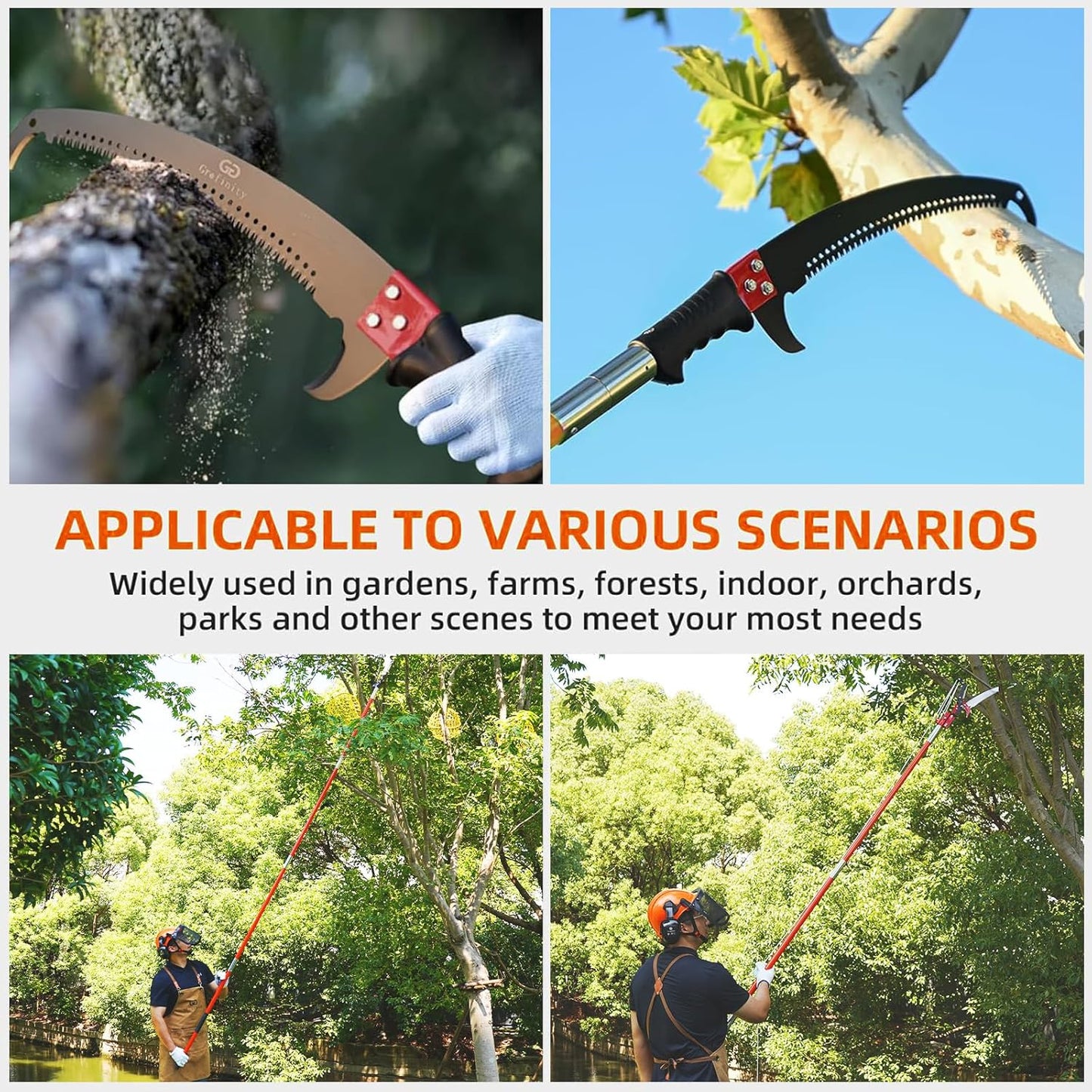 27FT Manual Pole Saw, Tree Branch Trimmer with 8-Section Fiberglass Handle, Sharp Steel Blade, Lightweight Extendable Design for High Branch Trimming, Orange