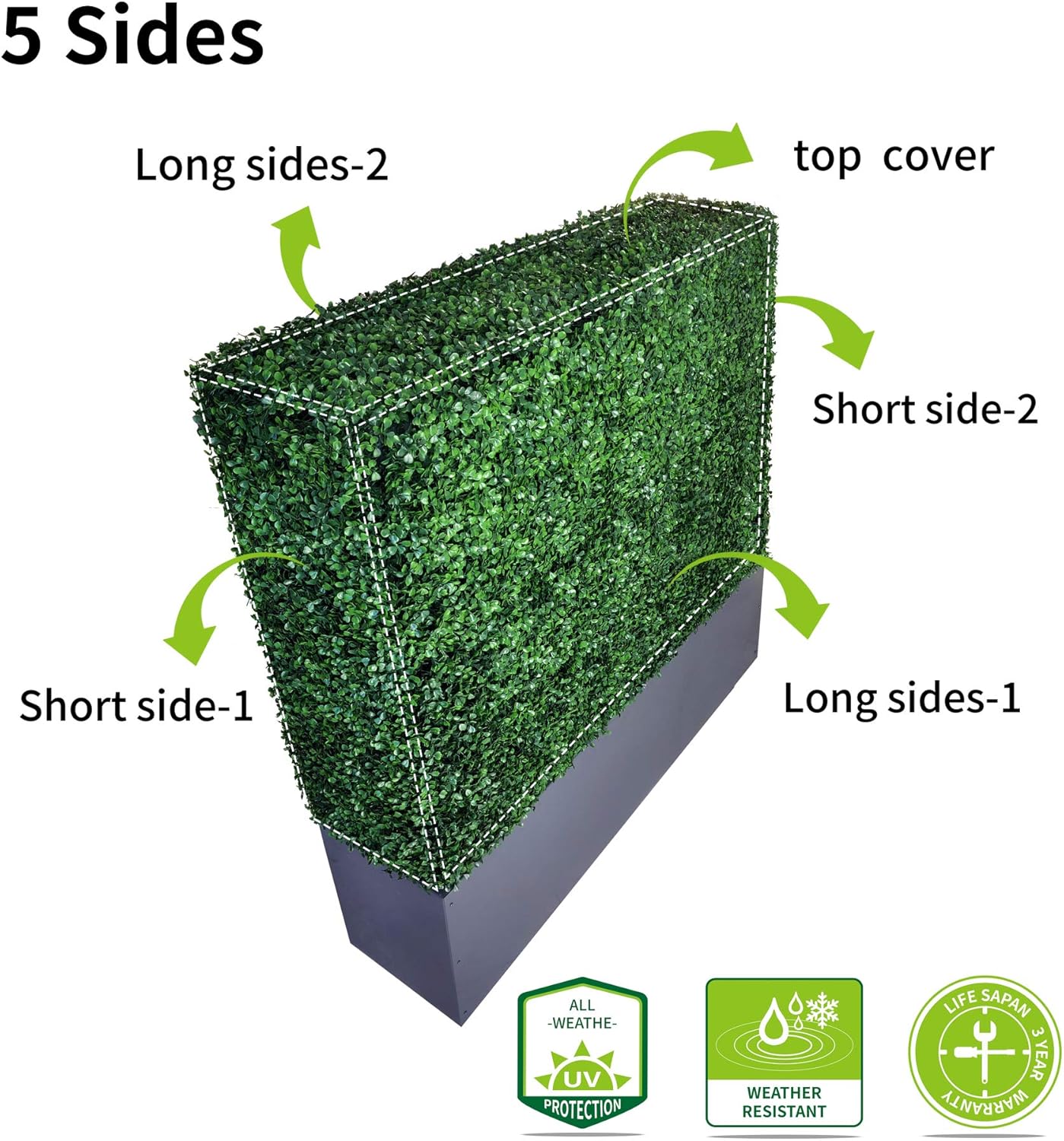 AGPL Artificial Hedge Wall (38" Width* 12" Deep* 96" Height) with Dark Gray Stainless Steel Planter Box (96.00)