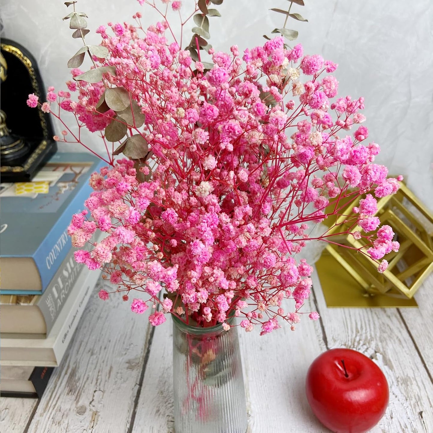 L'BREVOGA Dried Flower Bouquets, Preserved Pink Baby's Breath with Eucalyptus for Decoration Floral Arrangement Home Party (Baby's Breath Pink)